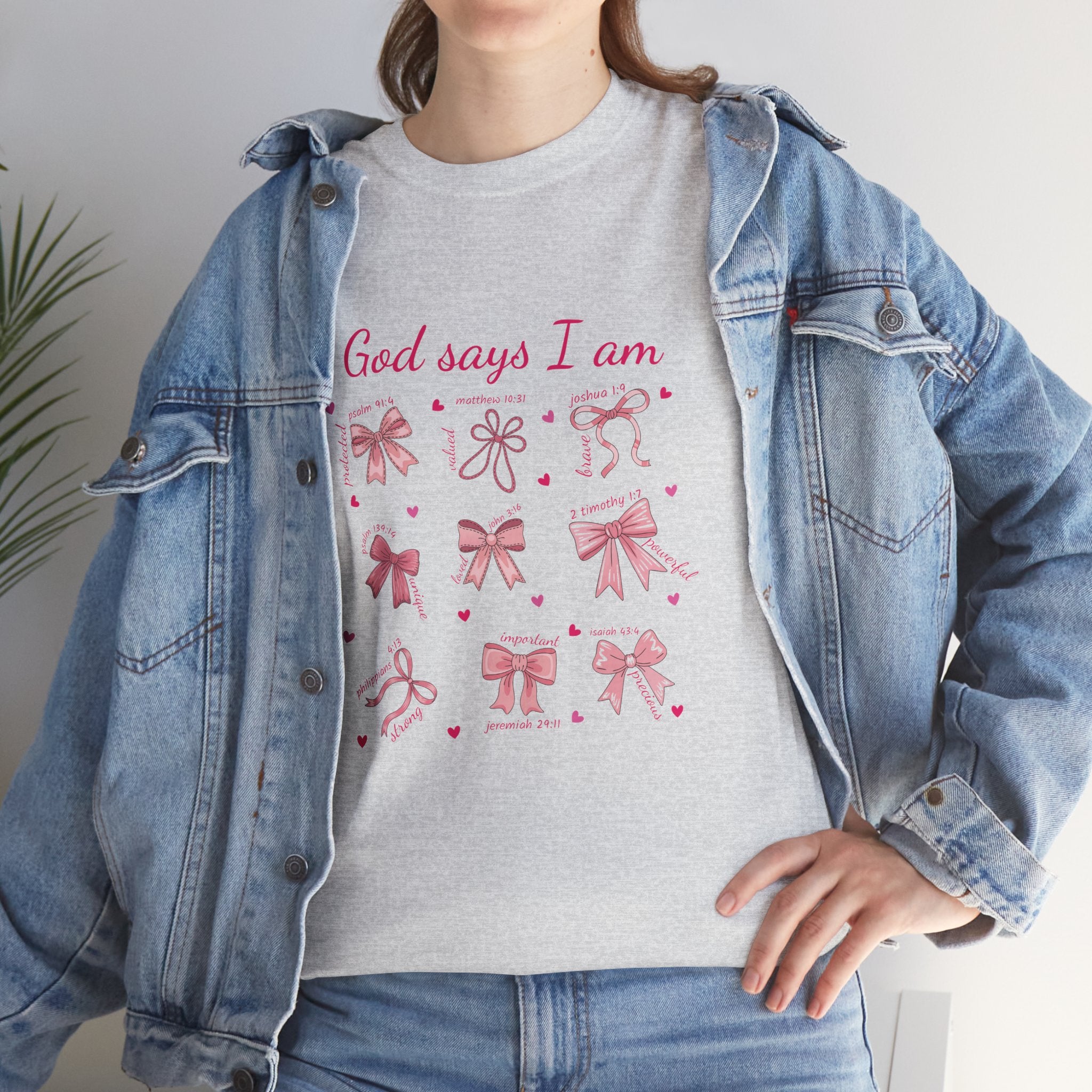 God Says I Am Pink Bow Tee — Faith-Based 'Loved, Brave, Strong' Unisex Cotton Shirt