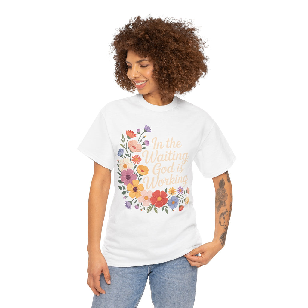Pastel Floral “In the Waiting God Is Working” Unisex Cotton T-Shirt