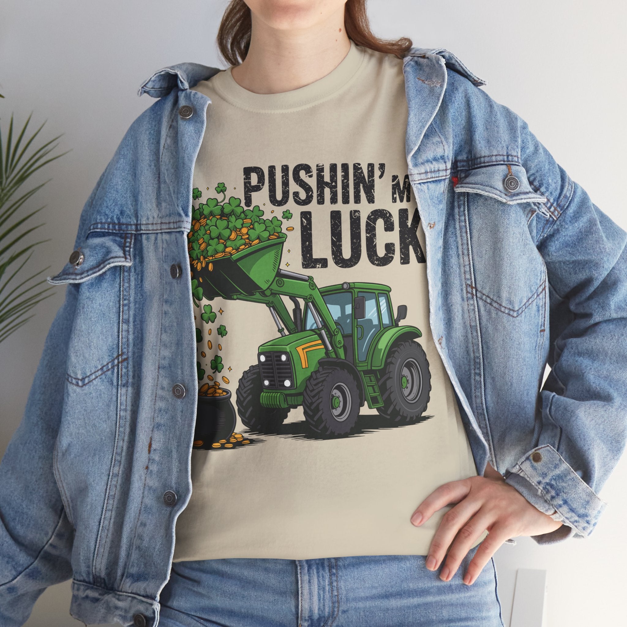 Pushin' My Luck Shamrock Tractor Tee — St. Patrick's Day Unisex Cotton T-Shirt