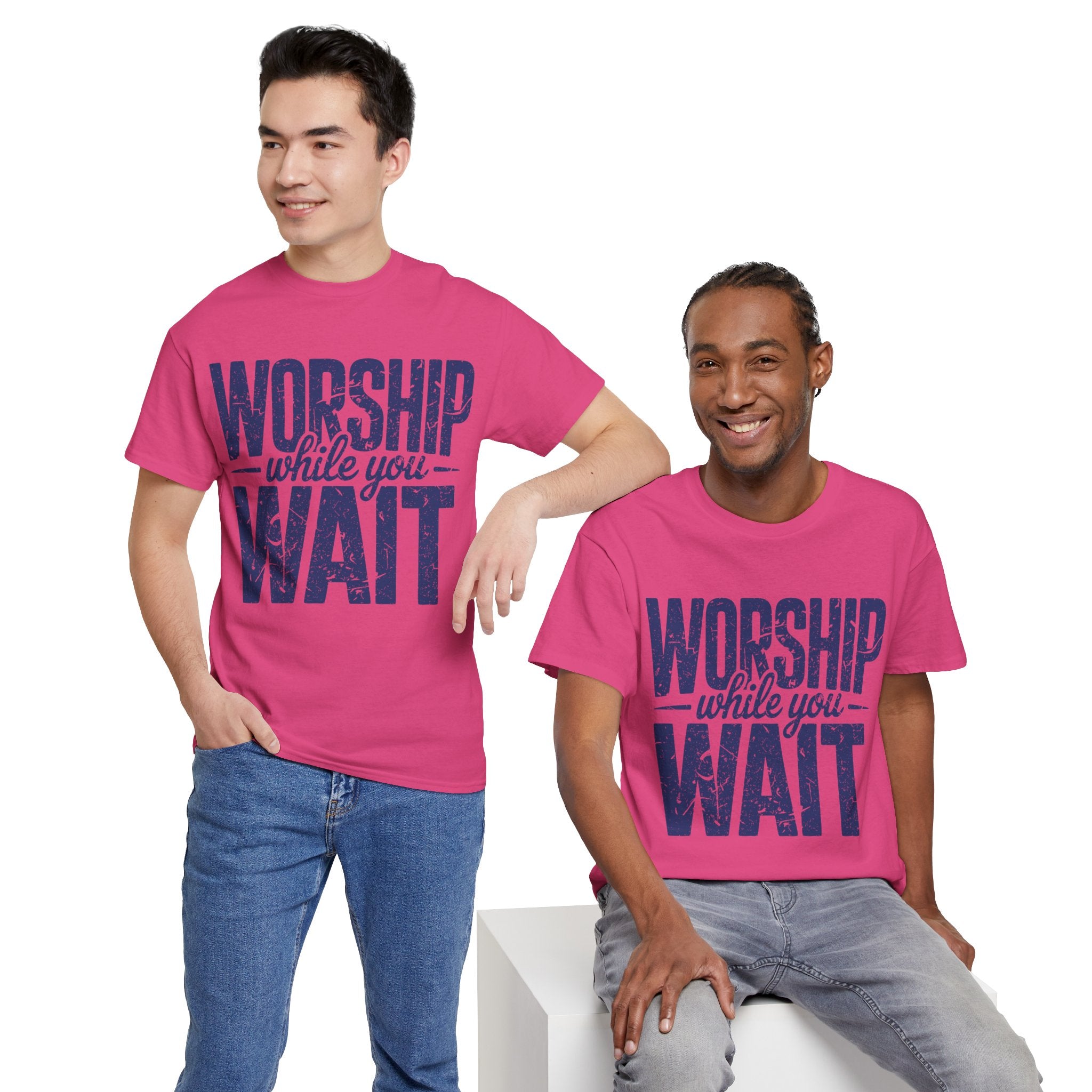 Worship While You Wait T‑Shirt — Distressed Pastel Blue Faith Unisex Cotton Tee