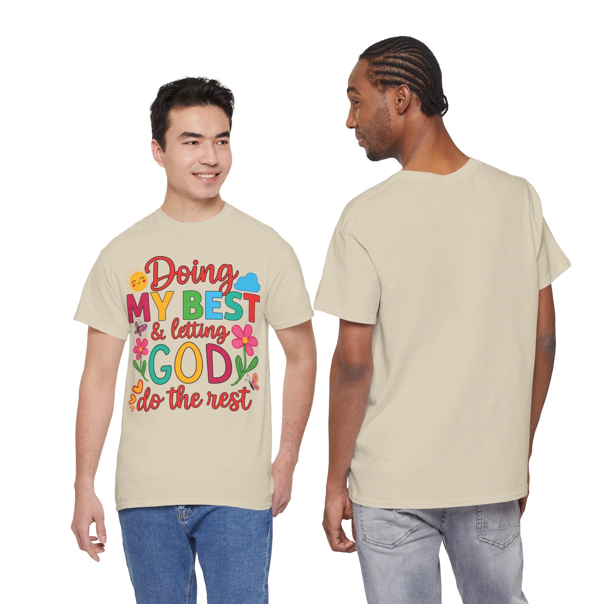 Doing My Best & Letting God Do The Rest T-Shirt — Floral Sun & Butterflies Inspirational Unisex Cotton Tee