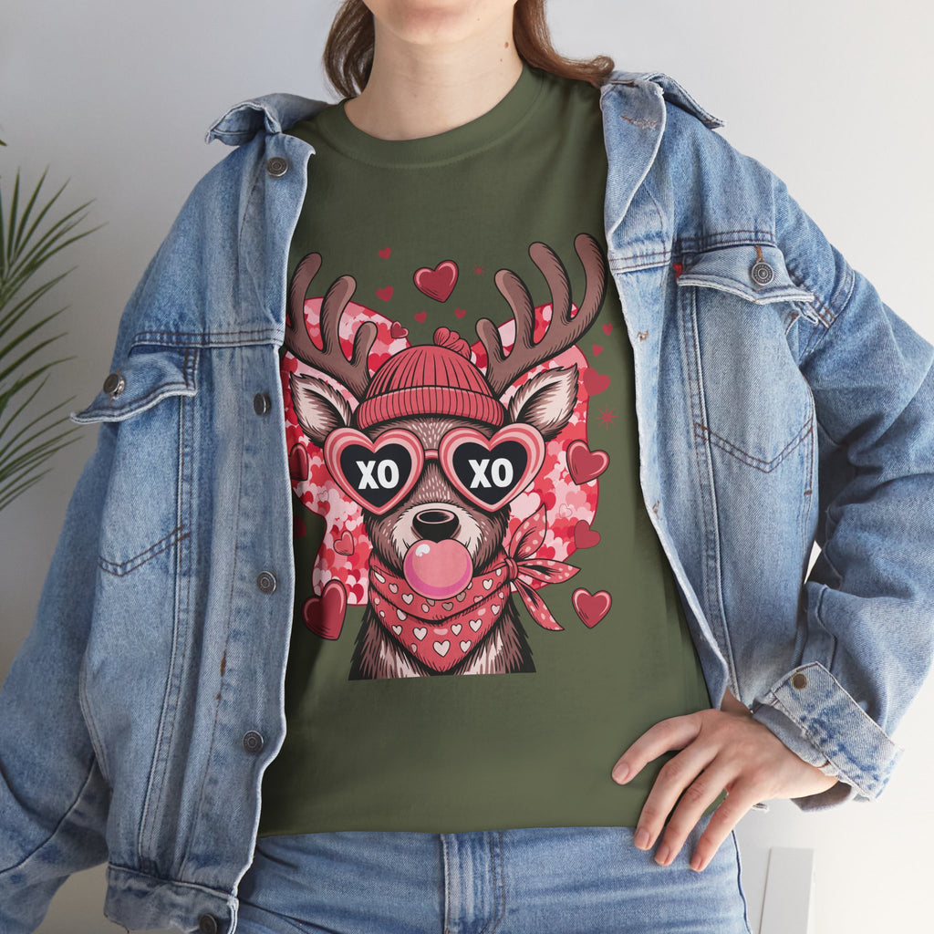 Valentine Deer Tee — Cute XO Heart Glasses, Beanie & Scarf Unisex Cotton Tshirt
