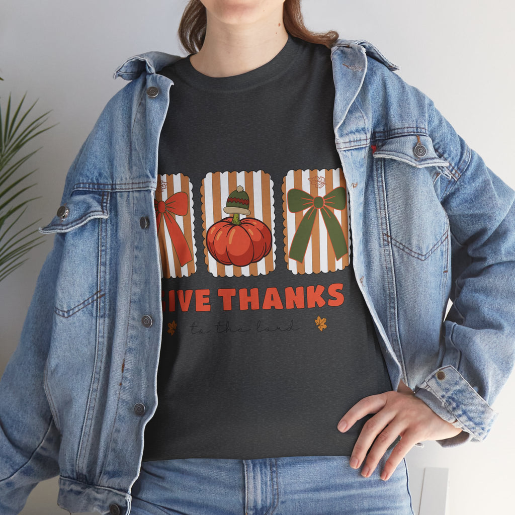 Give Thanks Thanksgiving T-Shirt — Pumpkin with Hat & Bows Unisex Cotton Tee