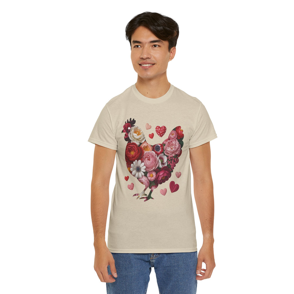 Floral Chicken Heart Tee — Red & Pink Flower Silhouette Unisex Cotton Tee
