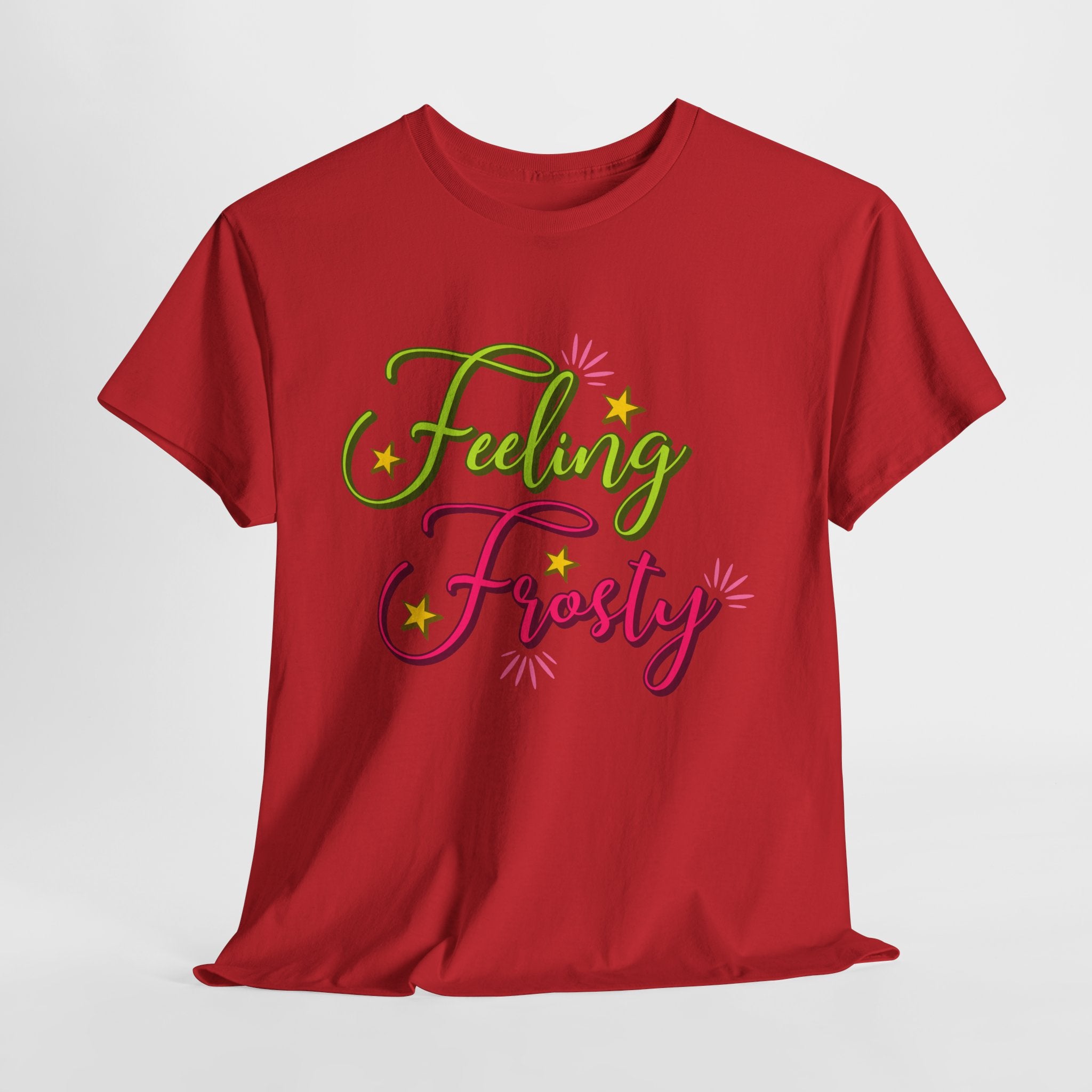 Feeling Frosty Holiday T-Shirt — Green & Pink Script Stars.Unisex Cotton Tee