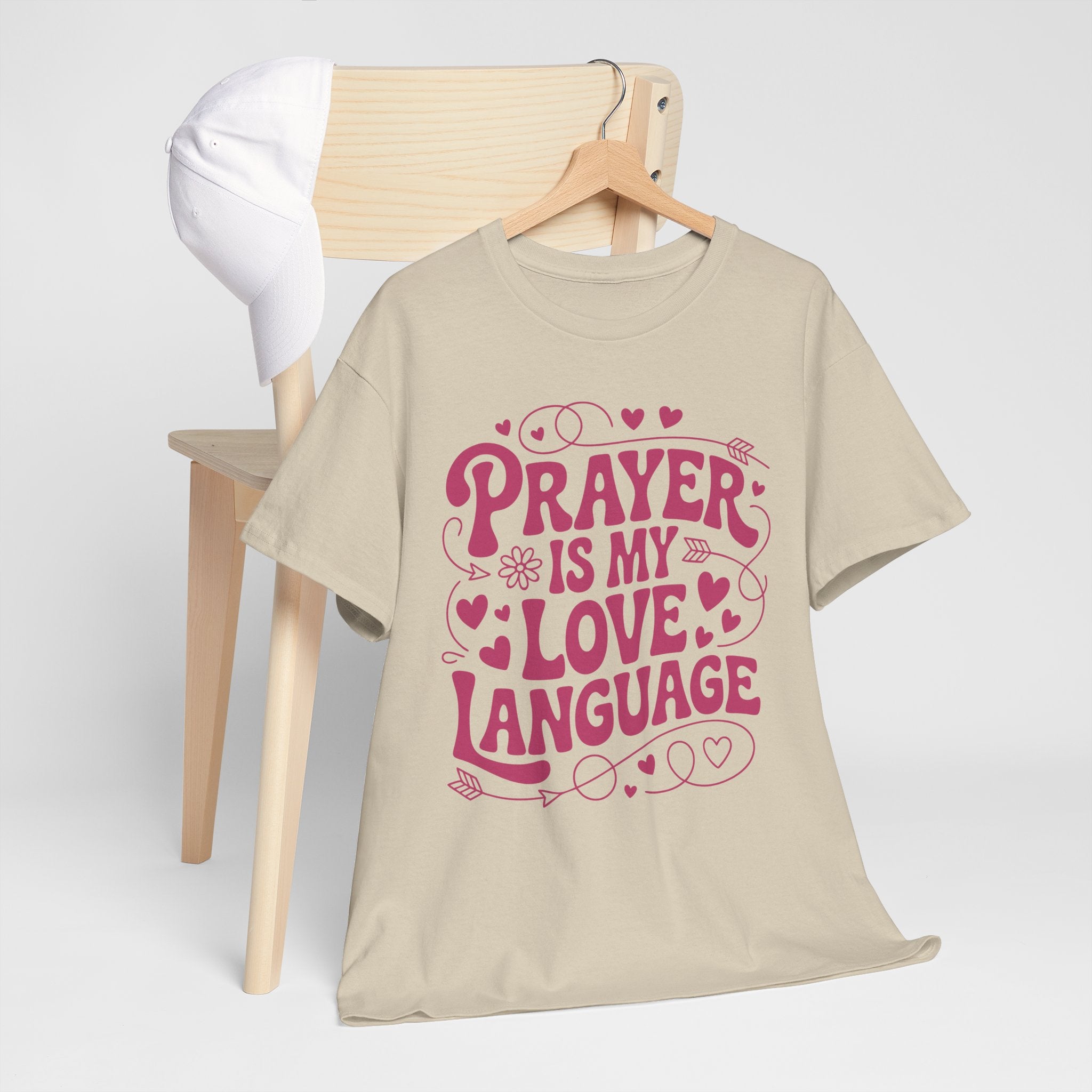 Prayer Is My Love Language Christian Tee — Pastel Pink Hearts Unisex Cotton Tee