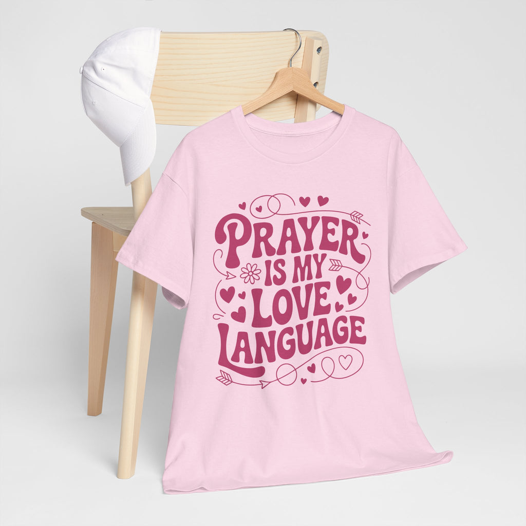 Prayer Is My Love Language Christian Tee — Pastel Pink Hearts Unisex Cotton Tee