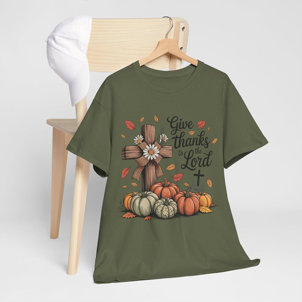 Give Thanks to the Lord Autumn Tee — Wooden Cross, Pumpkins & Daisies..Unisex Cotton Tee
