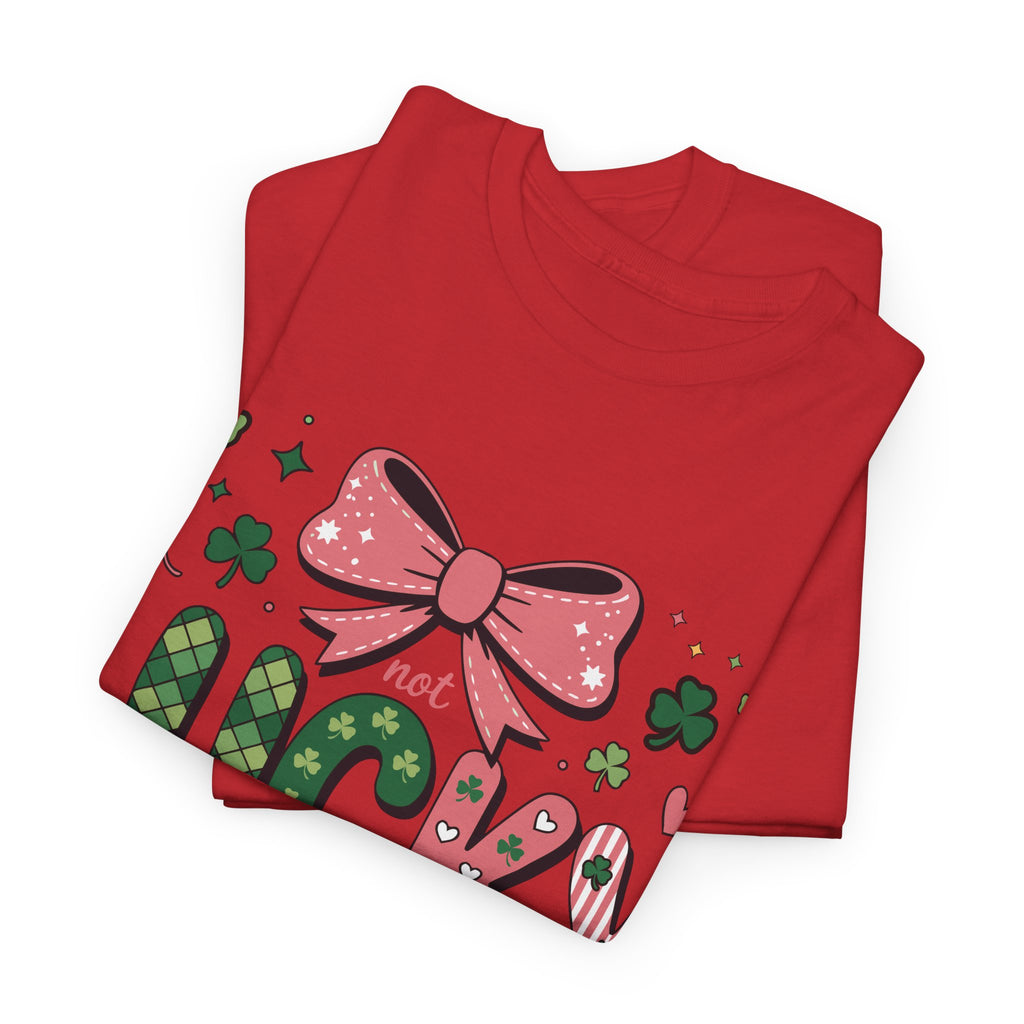 Simply Blessed Tee — “Not Lucky, Simply Blessed” with Pastel Bow, Clovers & Romans 4:7-8 Unisex Cotton Tee
