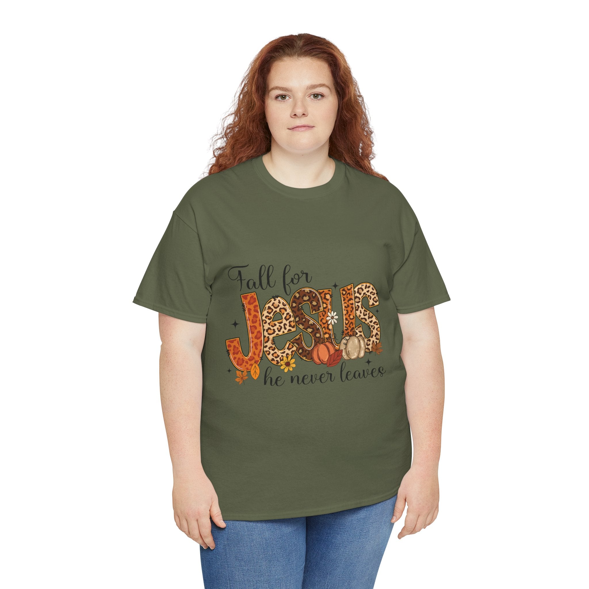 JESUS Leopard Print Fall T-Shirt — Pumpkins, Leaves & Floral Christian Unisex Cotton Tee