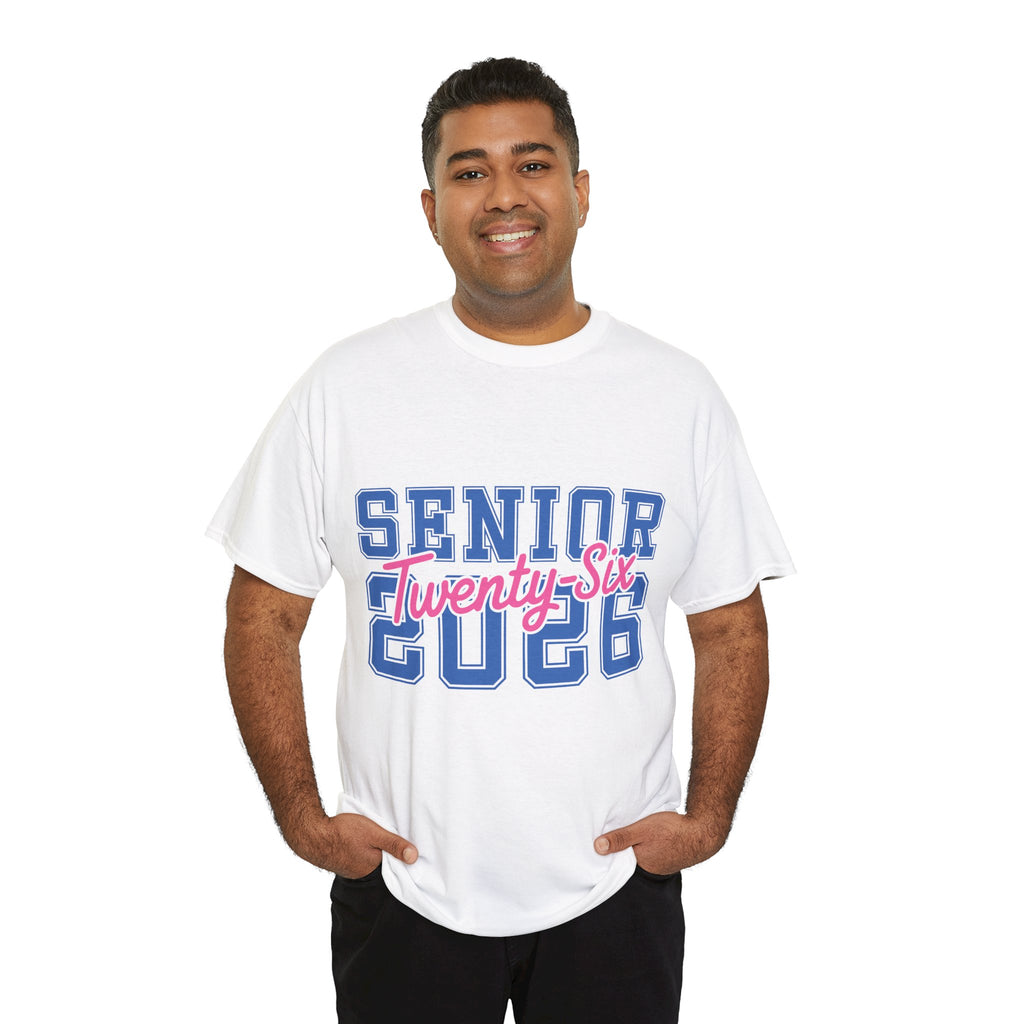 Senior 2026 Tee — Pink Varsity Block with Blue Script Overlay Unisex Cotton Tee