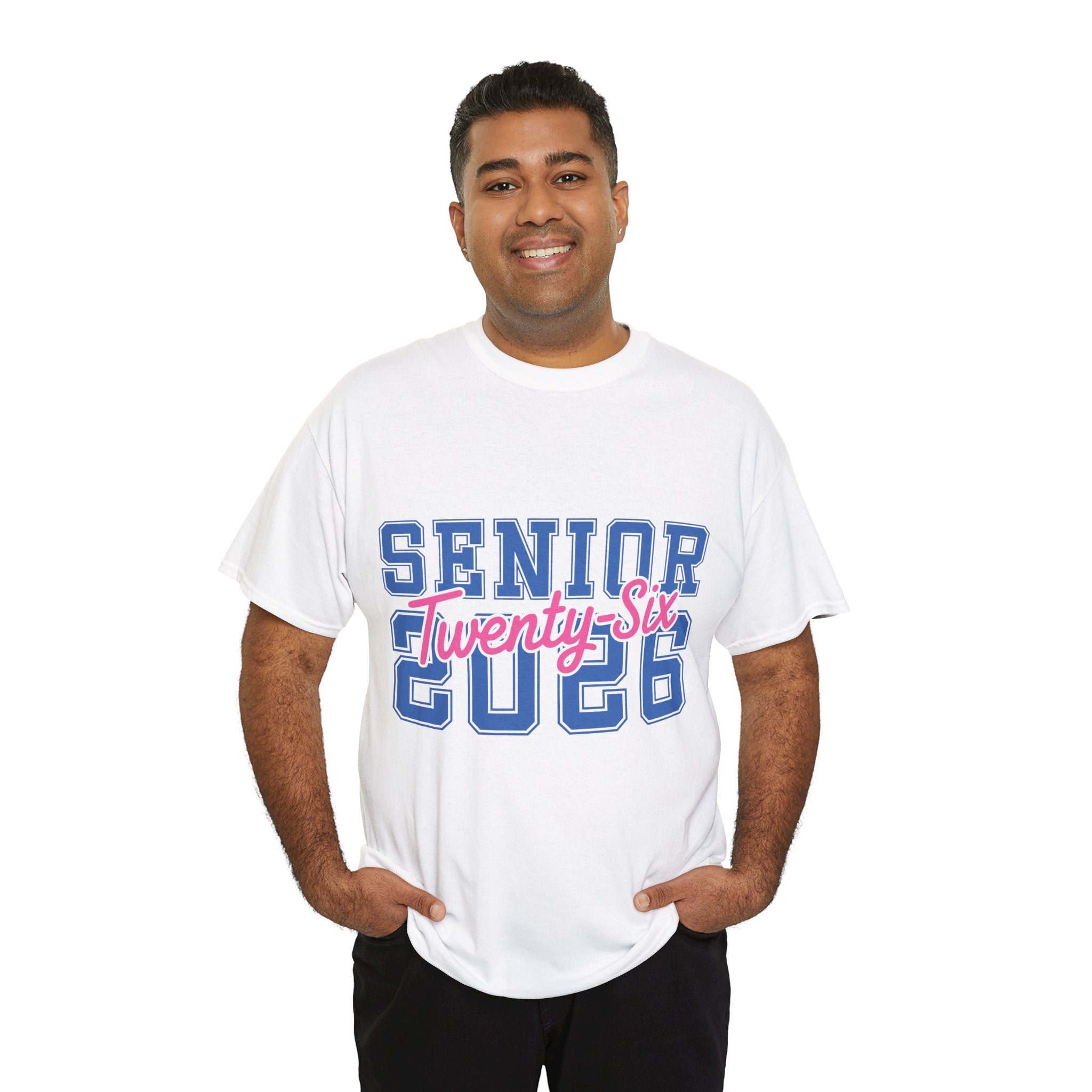 Senior 2026 Tee — Pink Varsity Block with Blue Script Overlay Unisex Cotton Tee