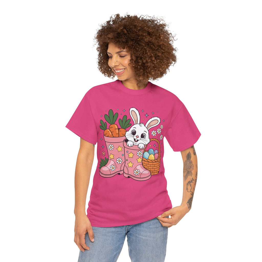Easter Bunny in Pink Rain Boots T-Shirt — Cartoon Bunny, Carrots & Colorful Eggs Unisex Cotton Tee