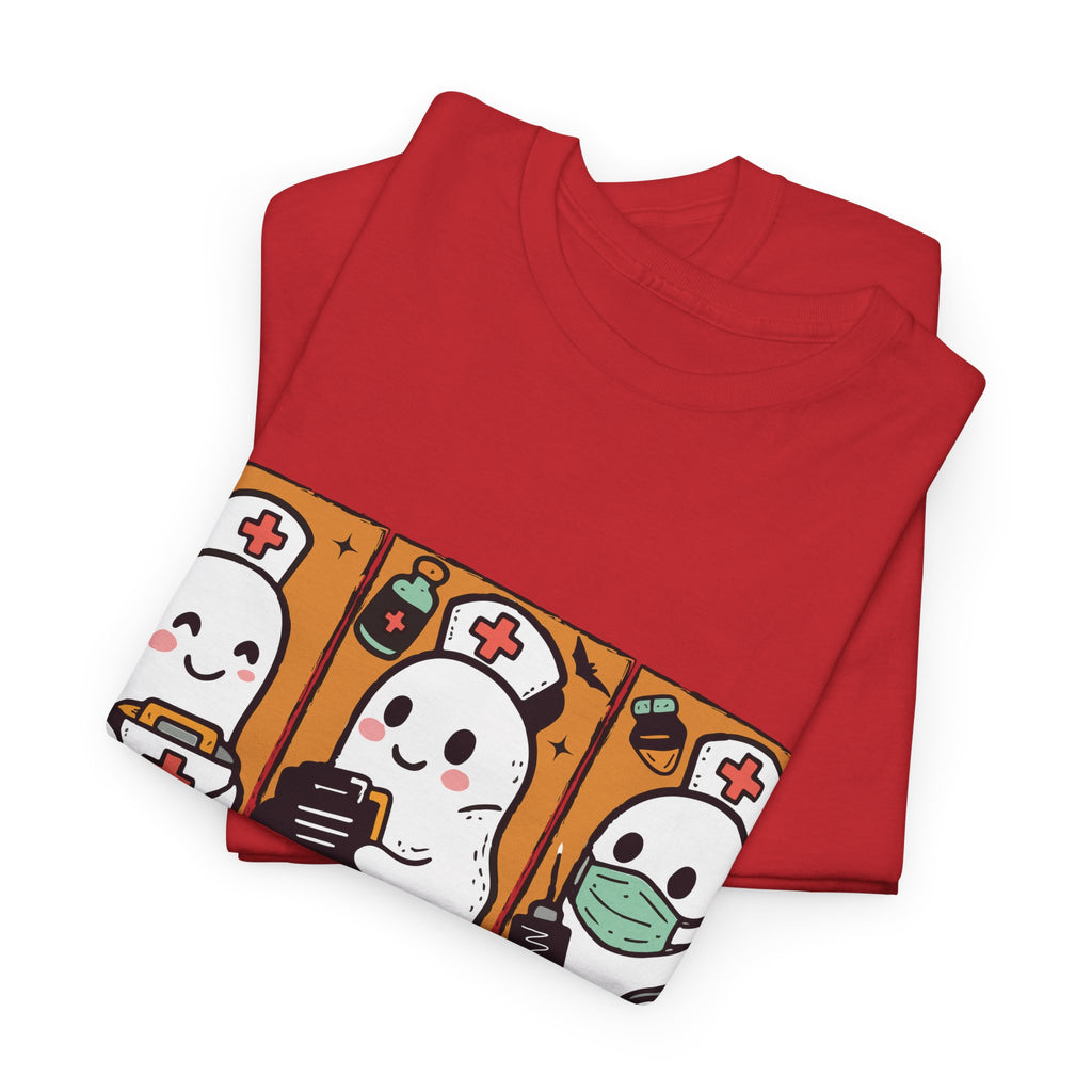 Halloween Nurse T-Shirt — Ghost Nurses Holding Medical Tools on Orange Unisec Cotton Tee