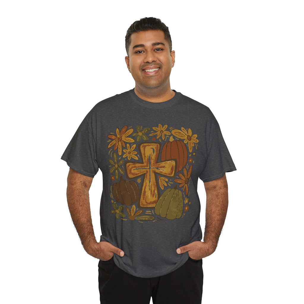 Autumn Cross Tee — Rustic Pumpkin & Fall Floral Christian Unisaex Cotton T-Shirt