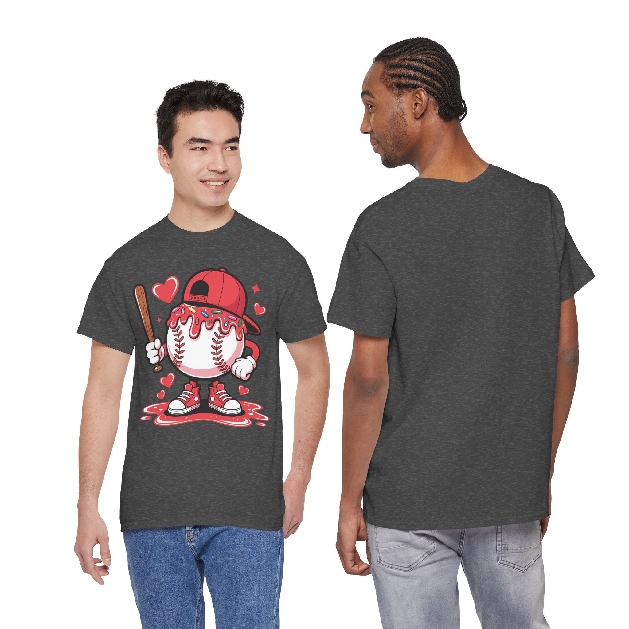 Cute Baseball Character T-Shirt — Red Cap & Icing Top Graphic with Hearts Unisex Cotton Tee