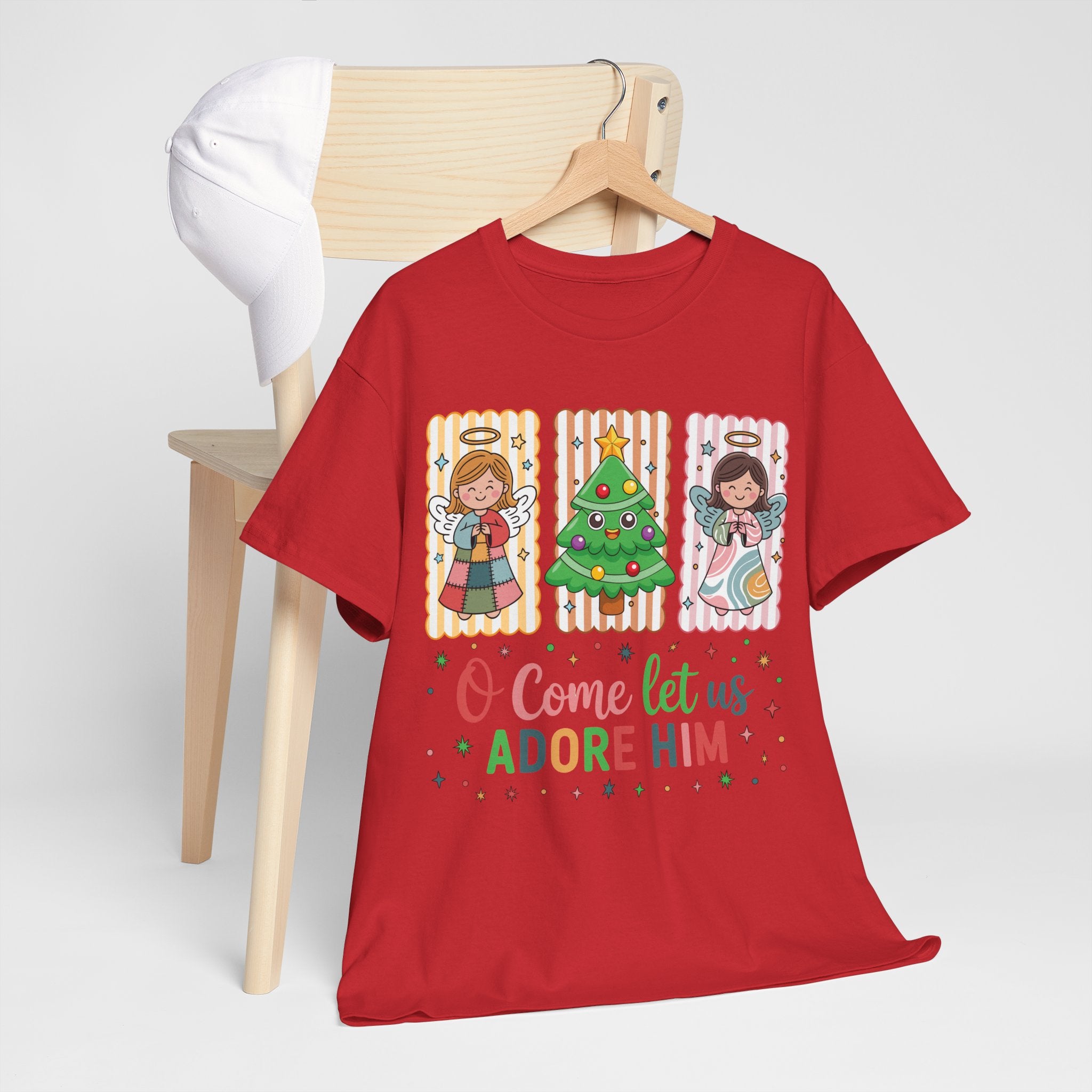 O Come Let Us Adore Him Christmas Tee — Smiling Angels & Happy Tree..Unisex Cotton Tee