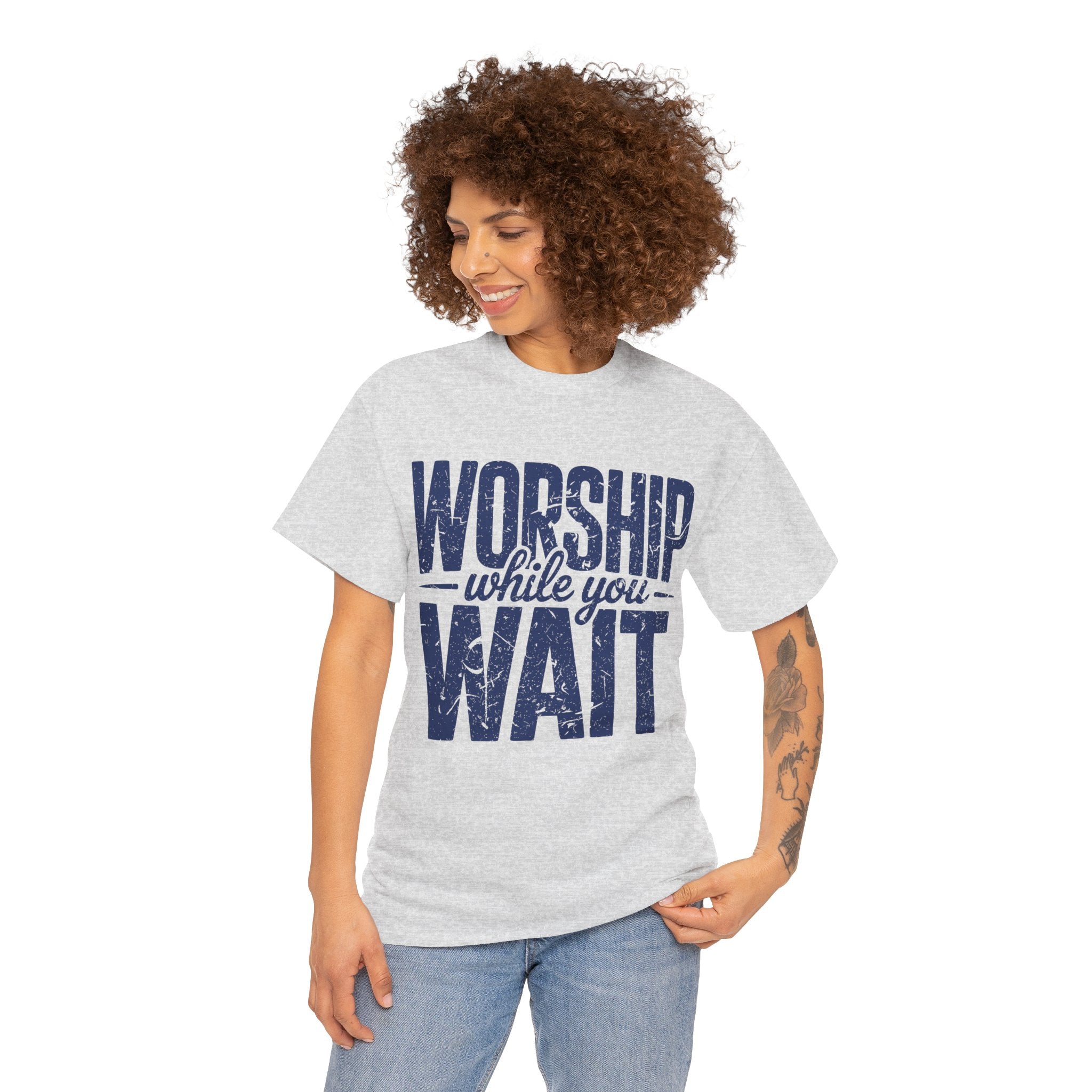 Worship While You Wait T‑Shirt — Distressed Pastel Blue Faith Unisex Cotton Tee