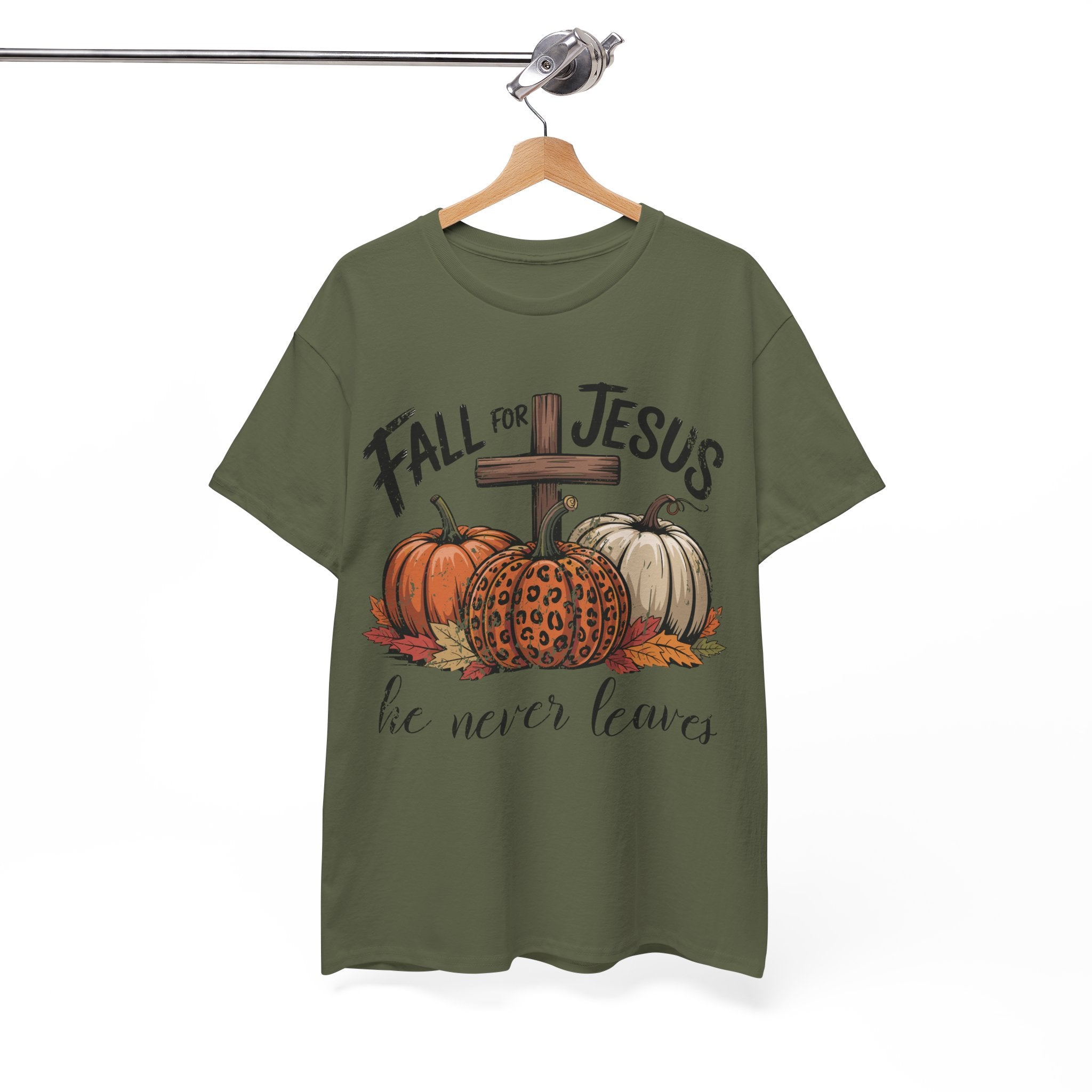 Fall for Jesus Pumpkin Cross Tee — "He Never Leaves" Autumn Christian Unisex Cotton T-Shirt