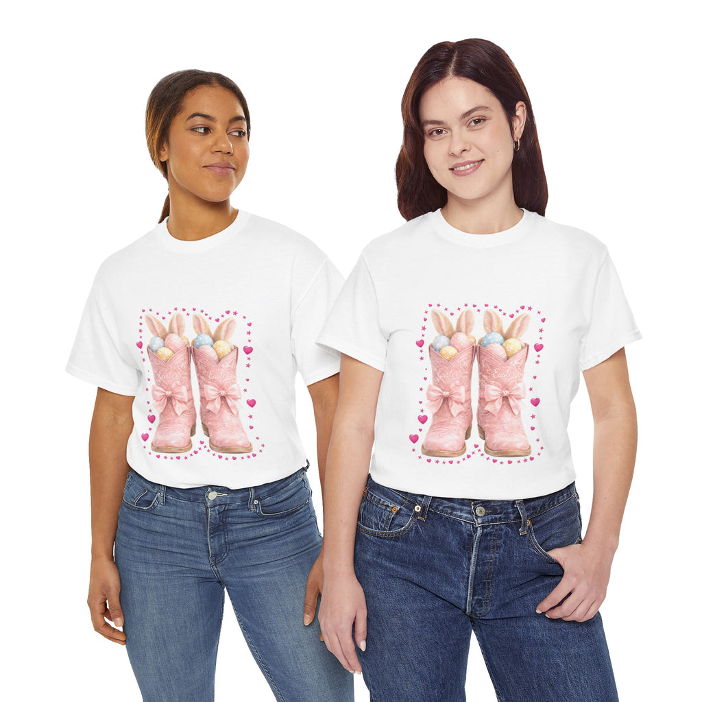 Easter Pink Western Boots Tee — Pastel Bunny Eggs & Bows Unisex Cotton Tee