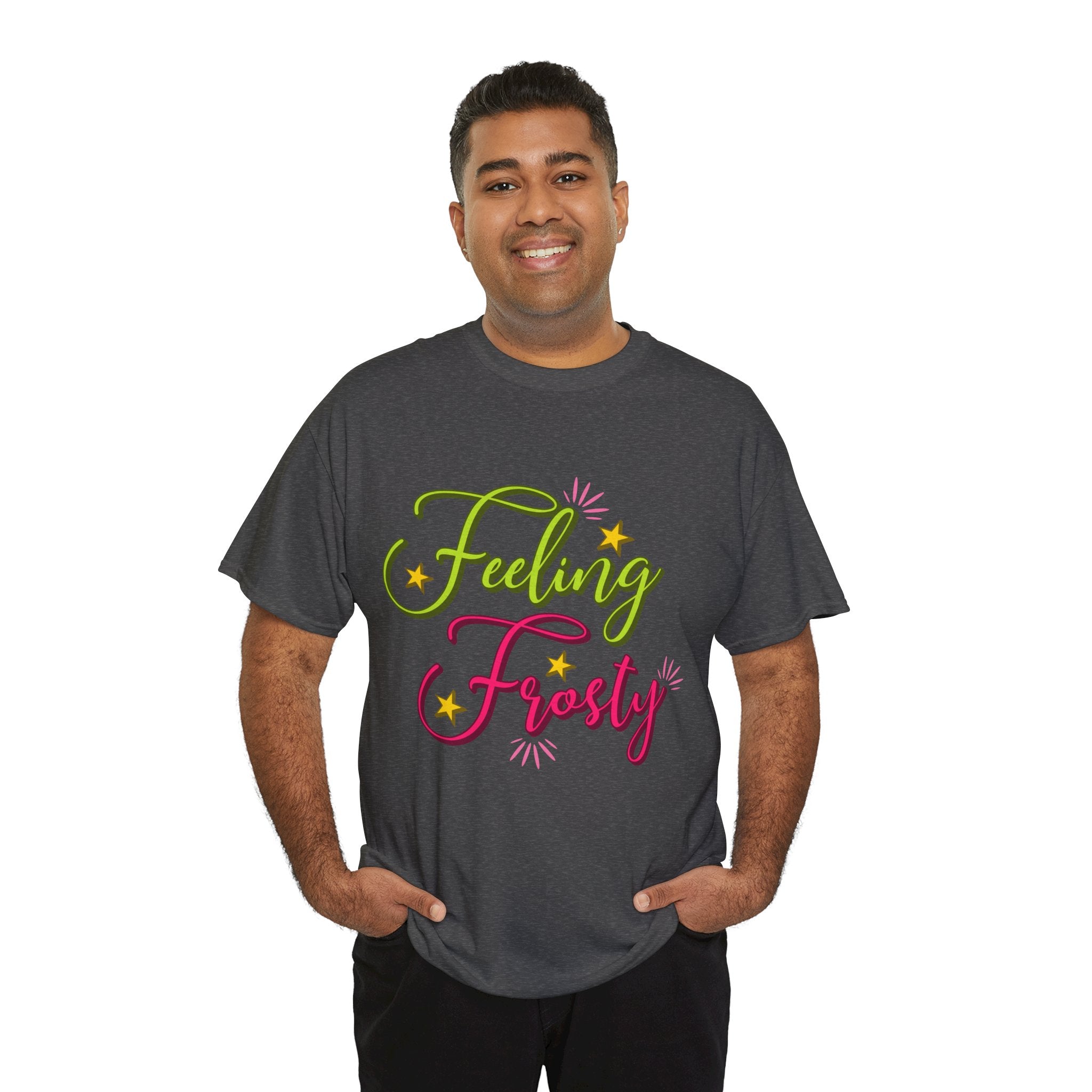 Feeling Frosty Holiday T-Shirt — Green & Pink Script Stars.Unisex Cotton Tee