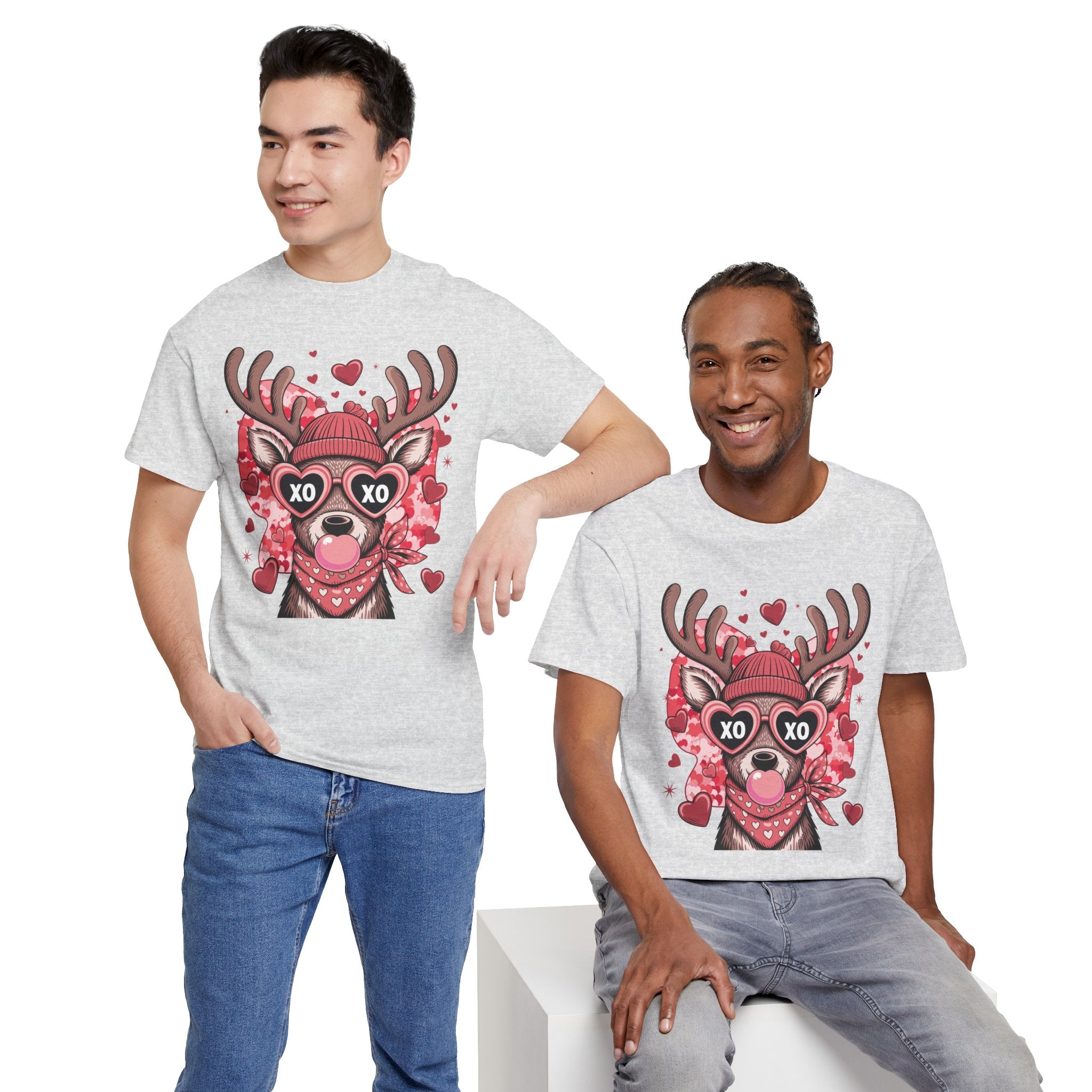 Valentine Deer Tee — Cute XO Heart Glasses, Beanie & Scarf Unisex Cotton Tshirt