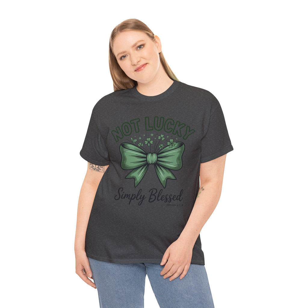 Not Lucky, Simply Blessed T-Shirt — Green Bow & Clovers St. Patrick’s Unisex Cotton Tee