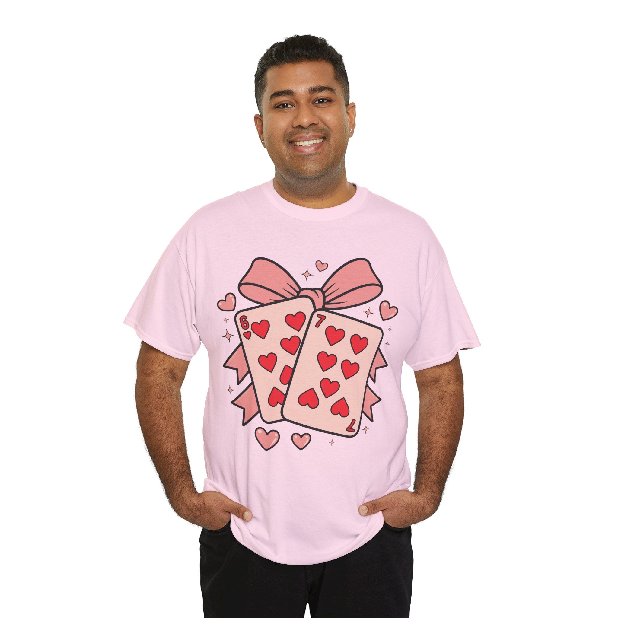 6 & 7 of Hearts T-Shirt — Paired Playing Cards with Pink Bow Unisex Cotton Tee