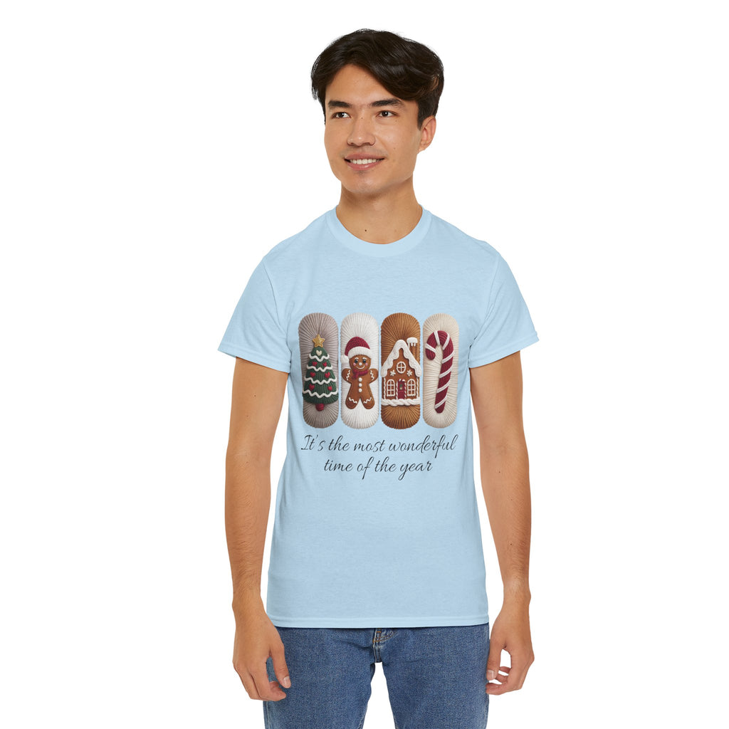 Christmas Faux-Yarn Tree Tee — Gingerbread House & Candy Cane Holiday Unisex Cotton T-Shirt