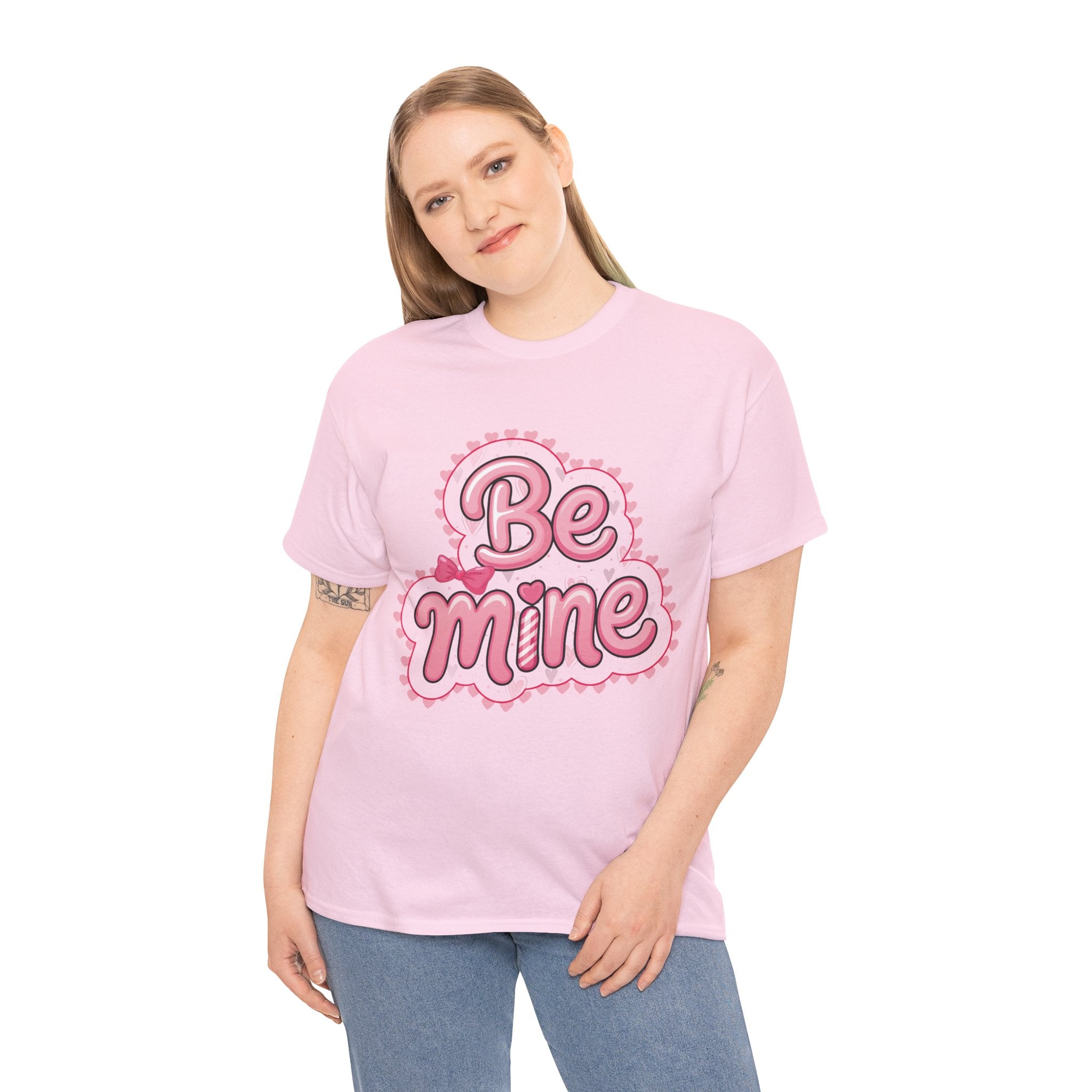 Be Mine Valentine T-Shirt — Pink Bubble Letters with Hearts & Bow..Unisex Cotton Tee