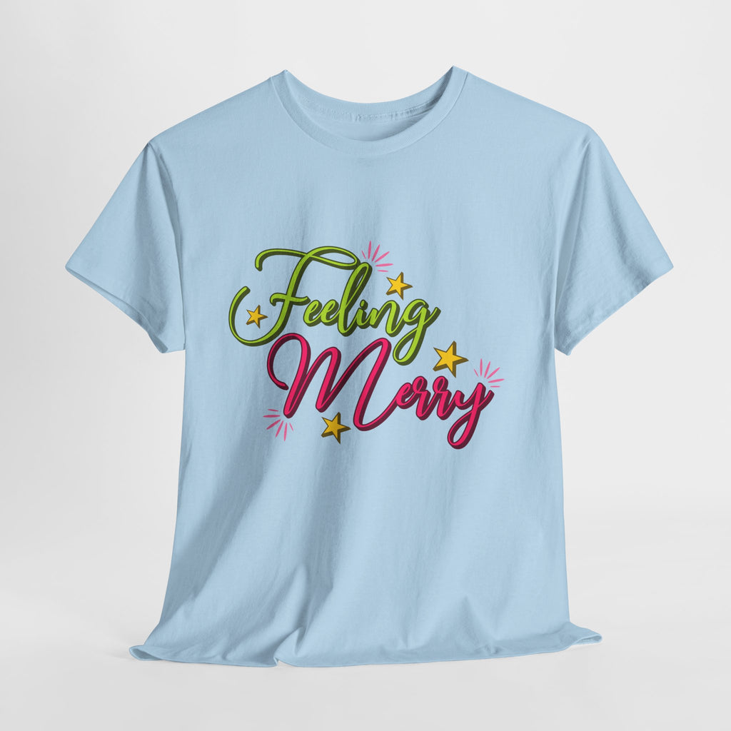 Feeling Merry T-Shirt — Bright Green & Pink Holiday Tee with Stars.Unisex Cotton Tee