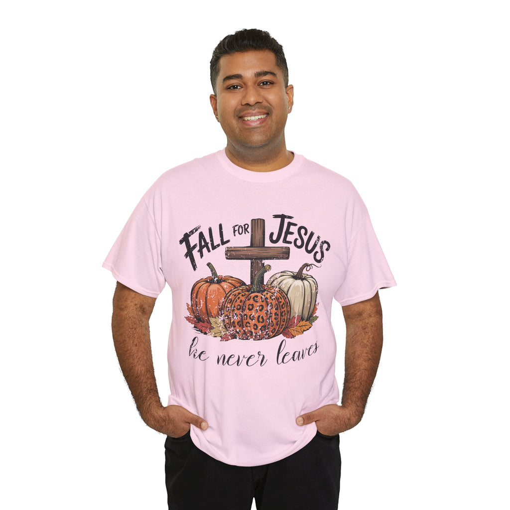 Fall for Jesus Pumpkin Cross Tee — "He Never Leaves" Autumn Christian Unisex Cotton T-Shirt