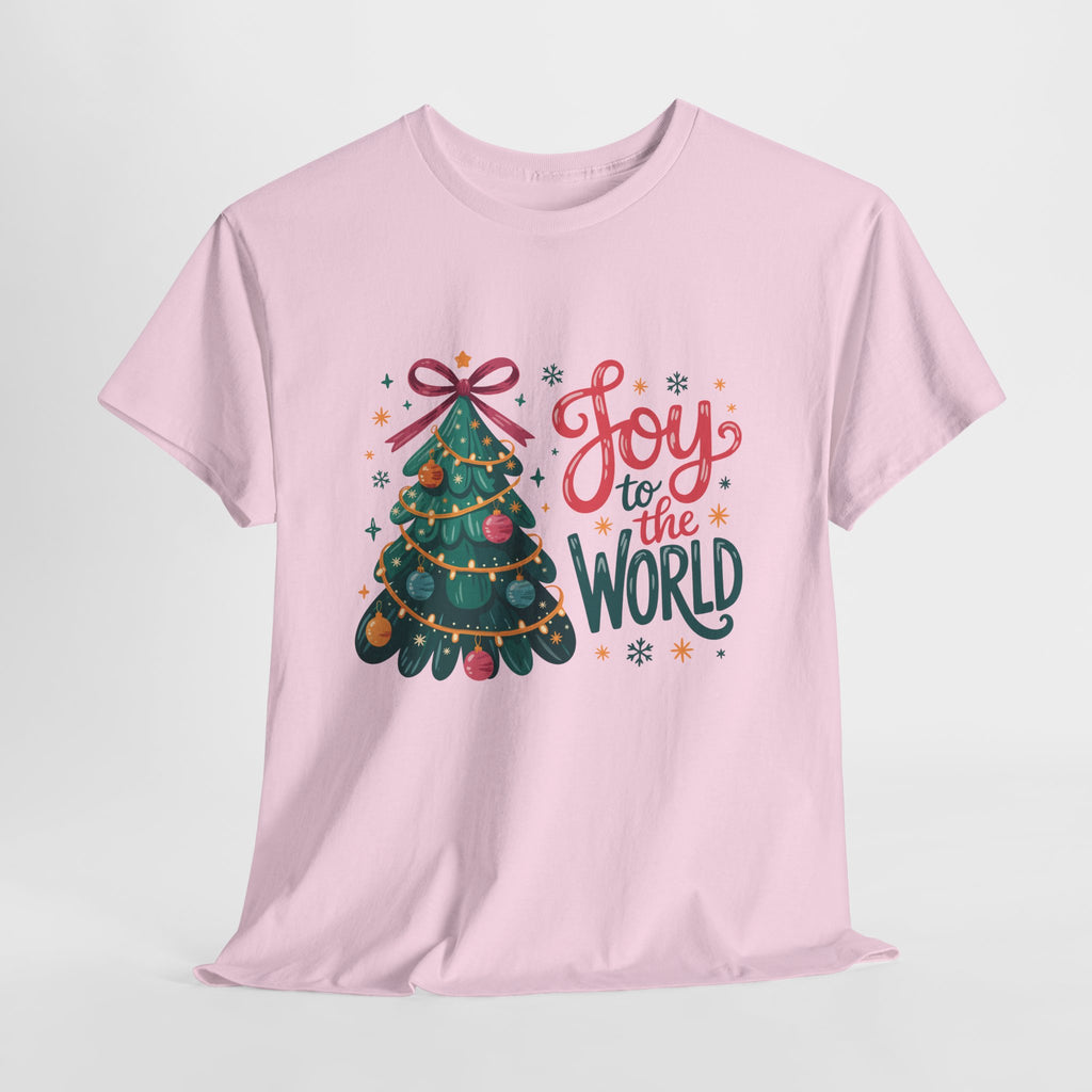 Joy to the World Christmas Tee — Festive Tree with Pink Bow..Unisex Cotton Tee