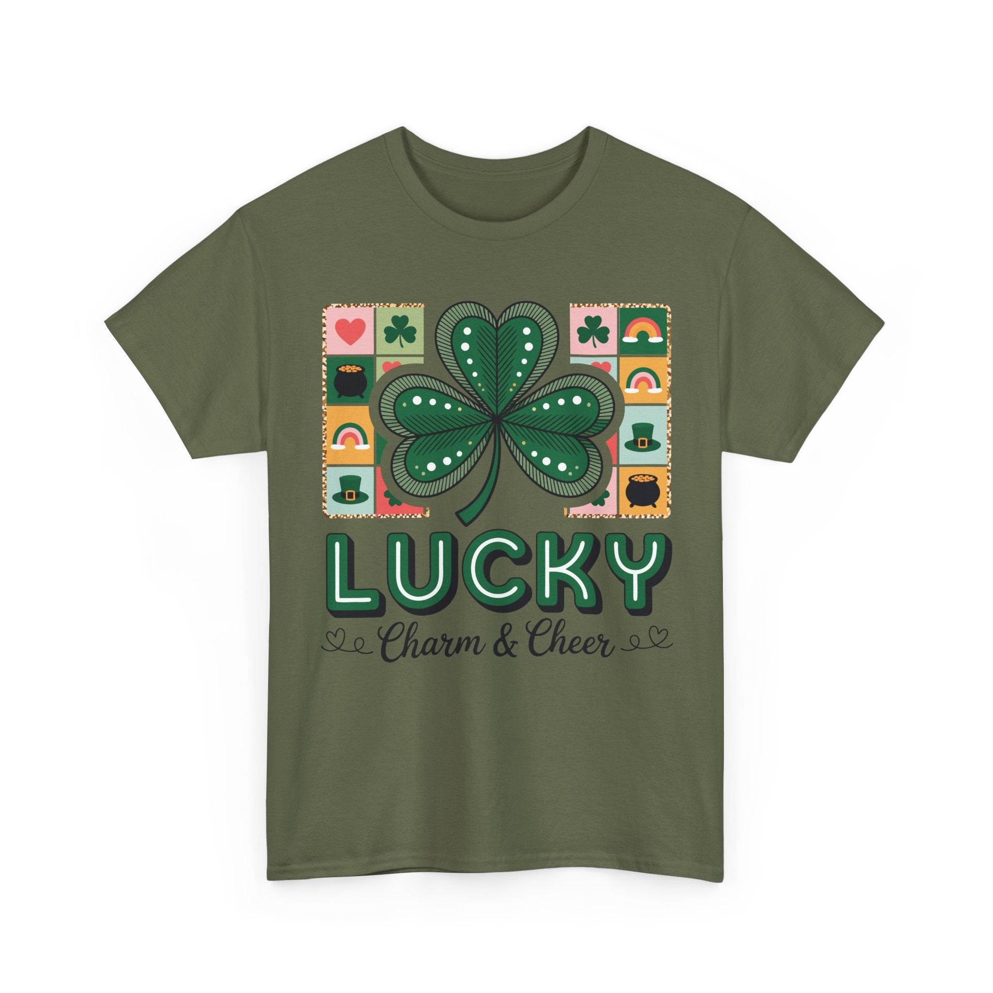 Lucky Charm & Cheer Clover Tee — Patchwork St. Patrick’s Day Unisex Cotton T-Shirt