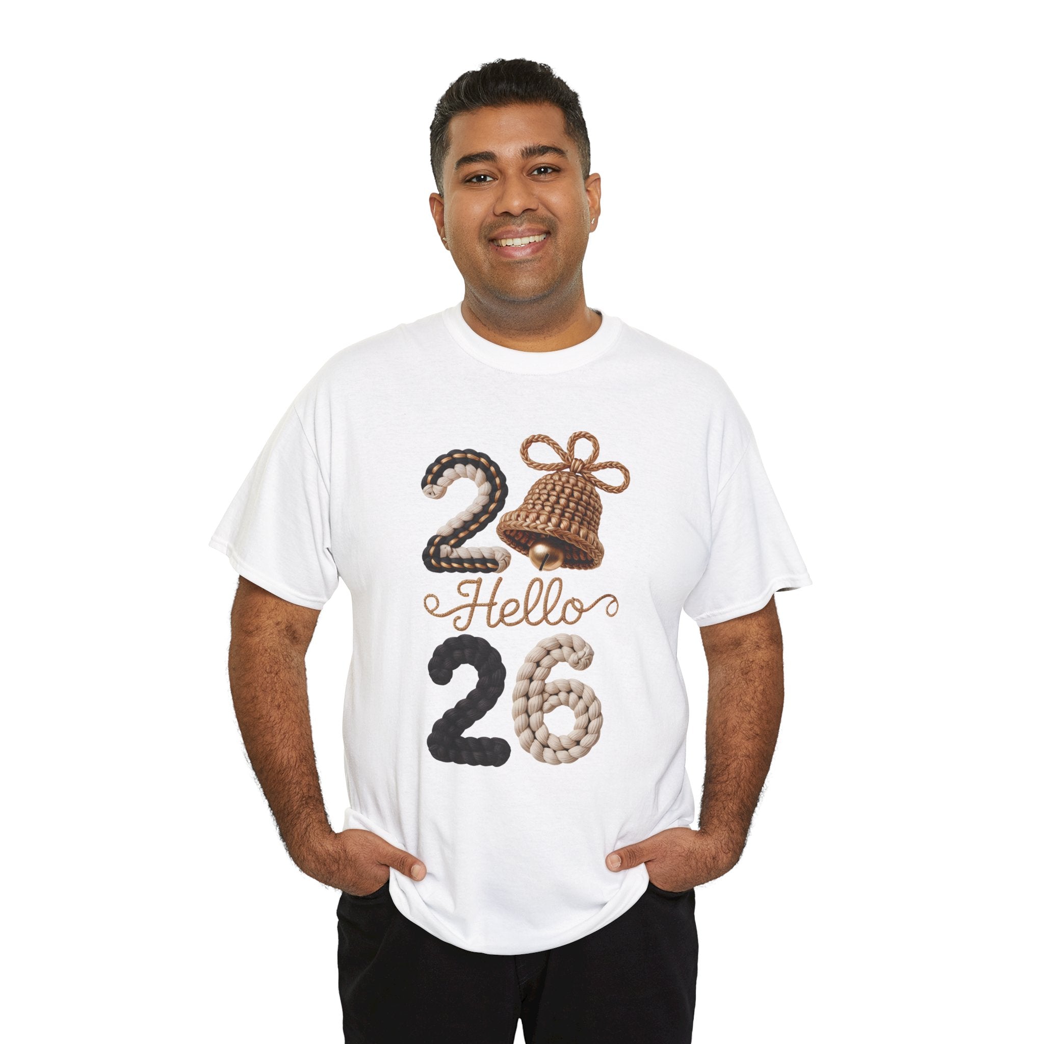 Hello 2026 Tee — Cozy Faux Yarn Braided Numbers with Woven Golden Bell..Unisex Cotton Tee