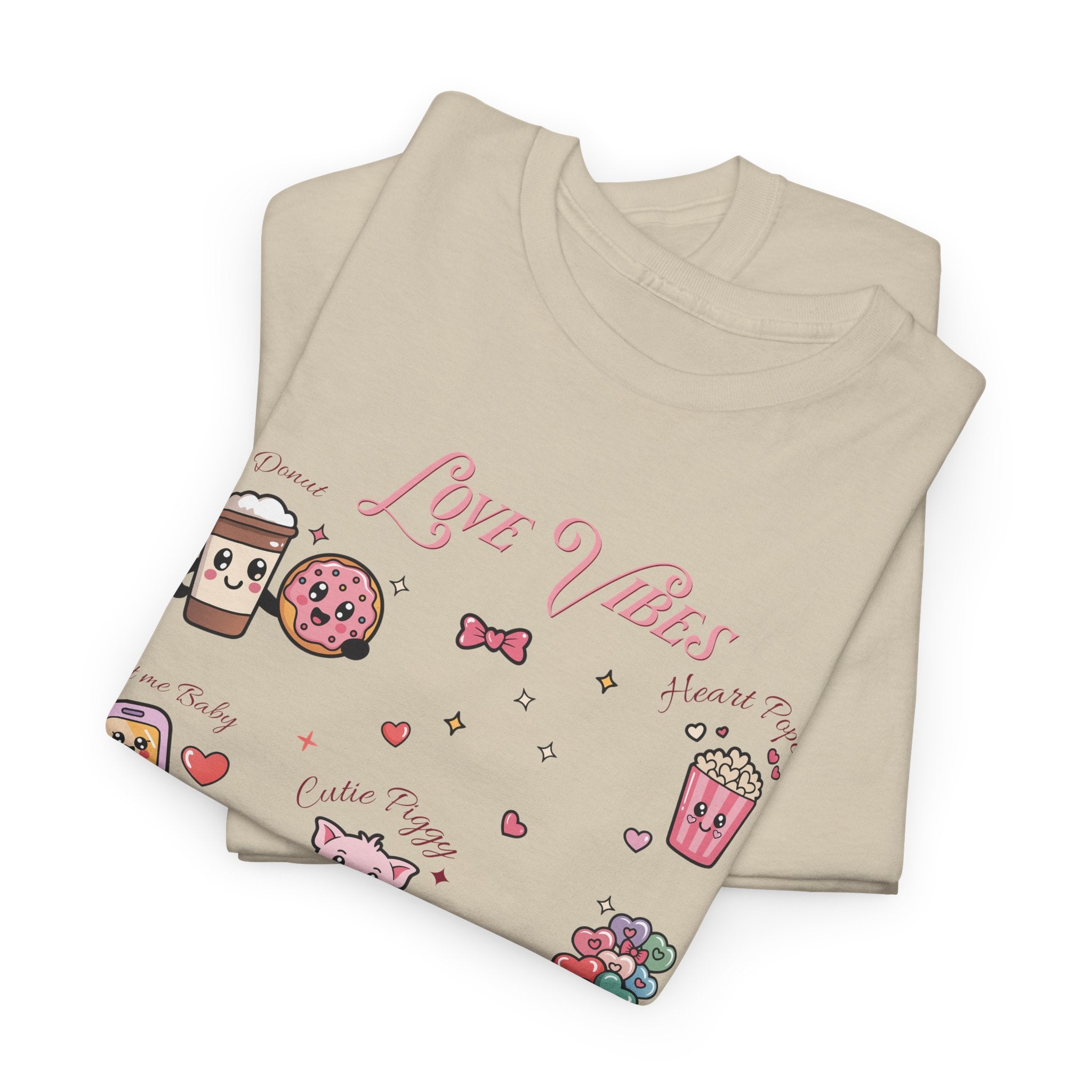 Love Vibes Kawaii Valentine T-Shirt — Cute Donut, Coffee & Piglet Design Unisex Cotton Tee