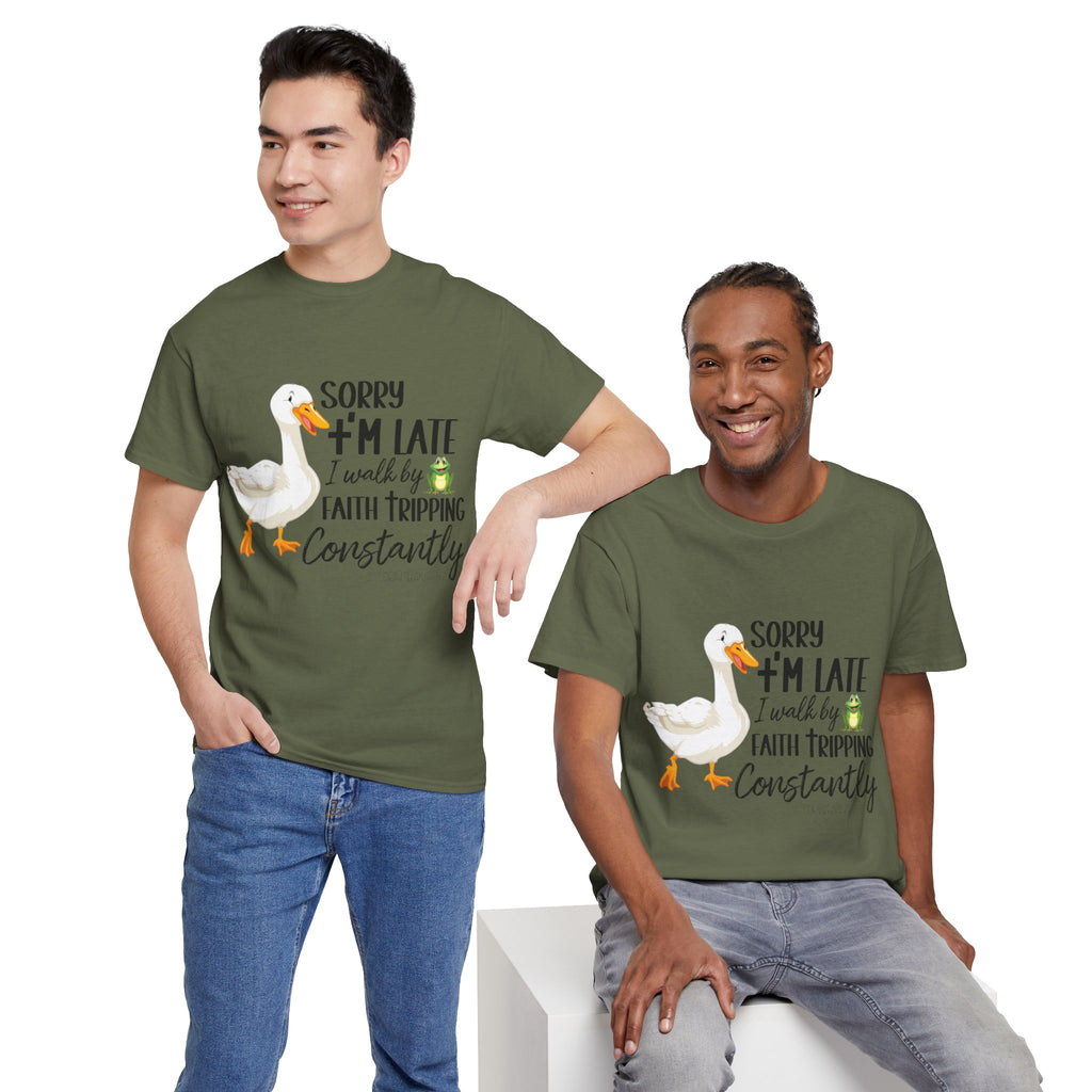 Christian Humor T-Shirt — “Sorry I’m Late, I Walk by Faith Tripping Constantly” (Duck & Frog). Unisex Cotton Tee