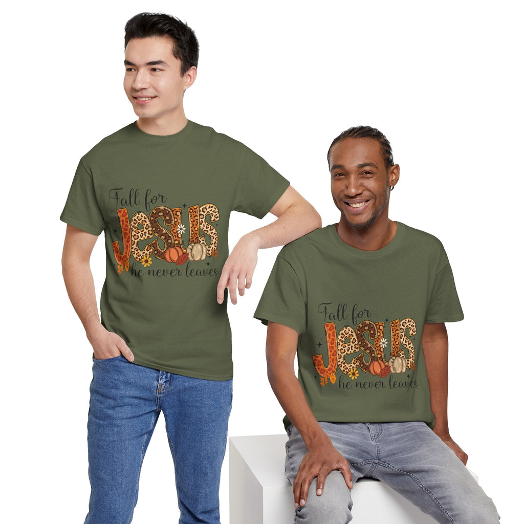 JESUS Leopard Print Fall T-Shirt — Pumpkins, Leaves & Floral Christian Unisex Cotton Tee