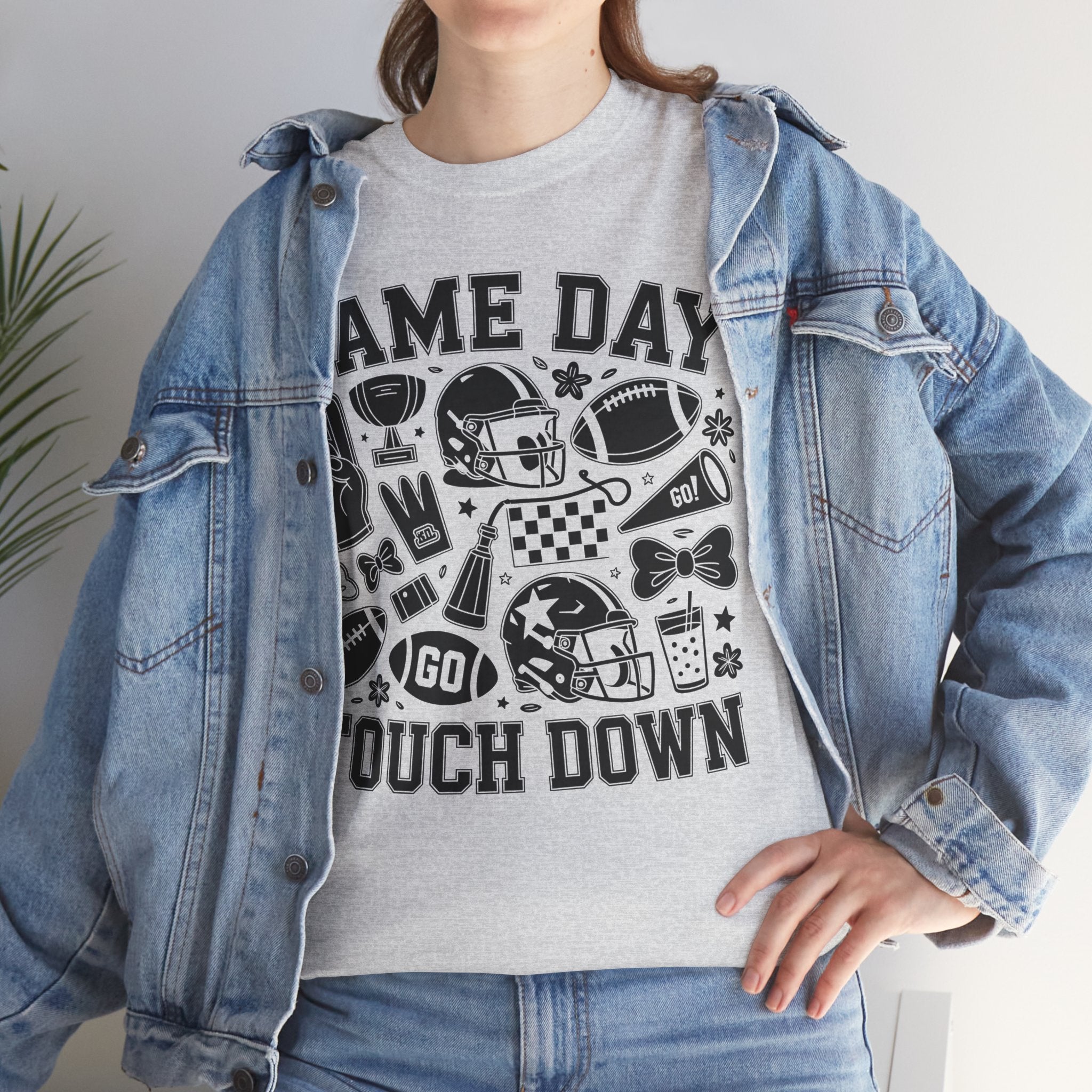 Game Day Touch Down Football T‑Shirt — Helmet & Cheer Monochrome Design Unisex Cotton Tee