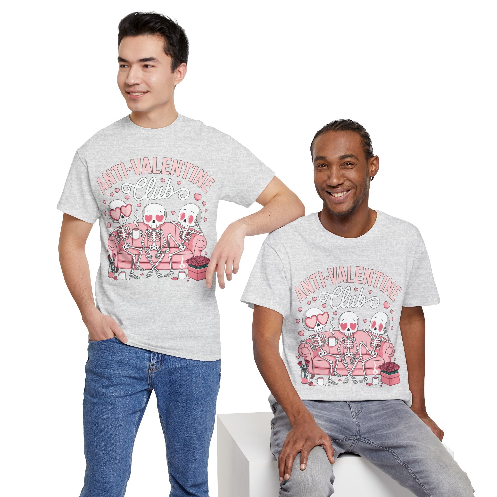 Anti-Valentine Club Skeleton Tee — Anti-Romance Pink Couch Graphic Unisex Cotton T-Shirt