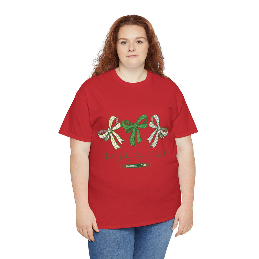Not Lucky Simply Blessed Tee — Romans 4:7-8 Green Bow Christian Unisex Cotton T-Shirt