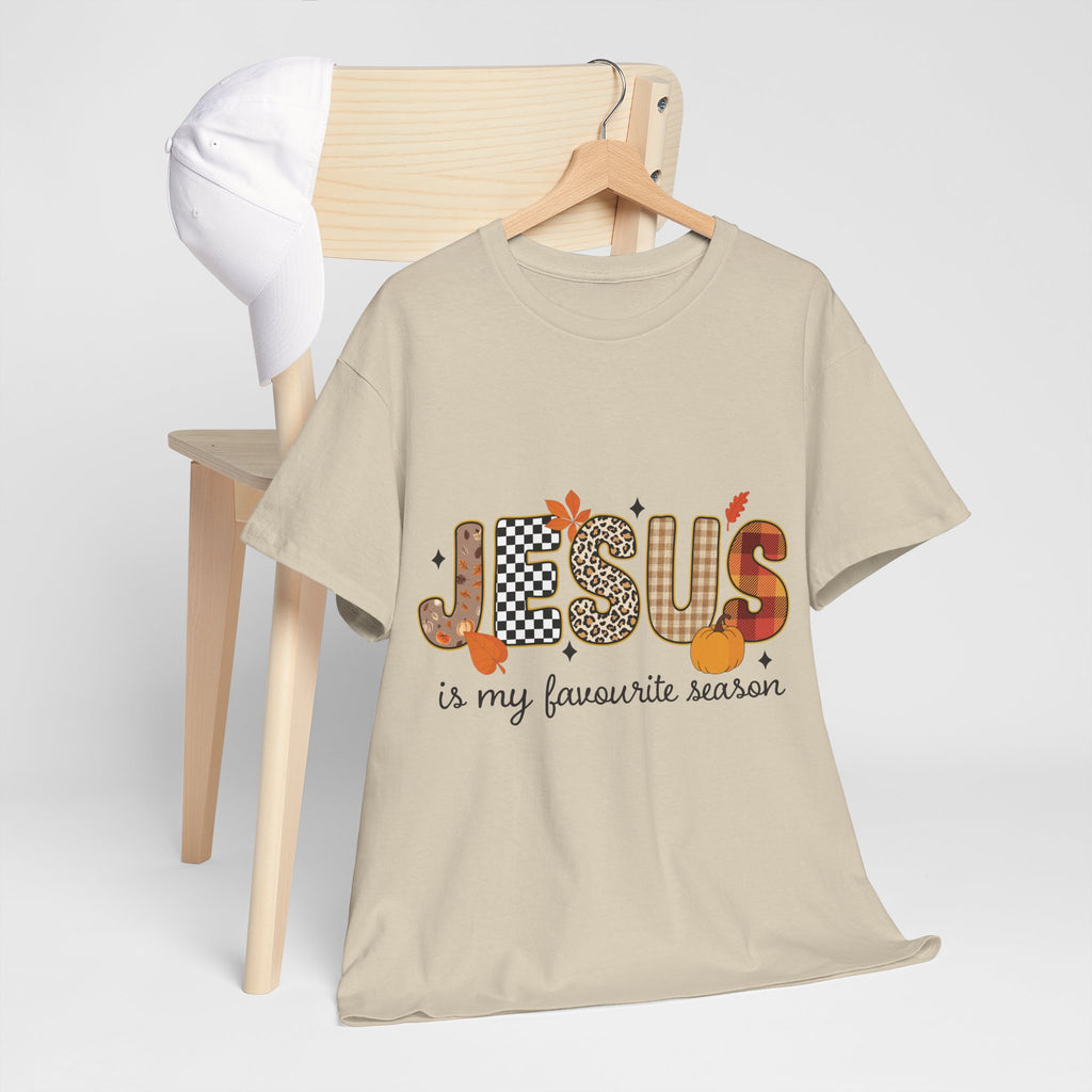 Jesus Is My Favorite Season Tee — Autumn Plaid & Leopard Lettering Unisex Cotton Tee