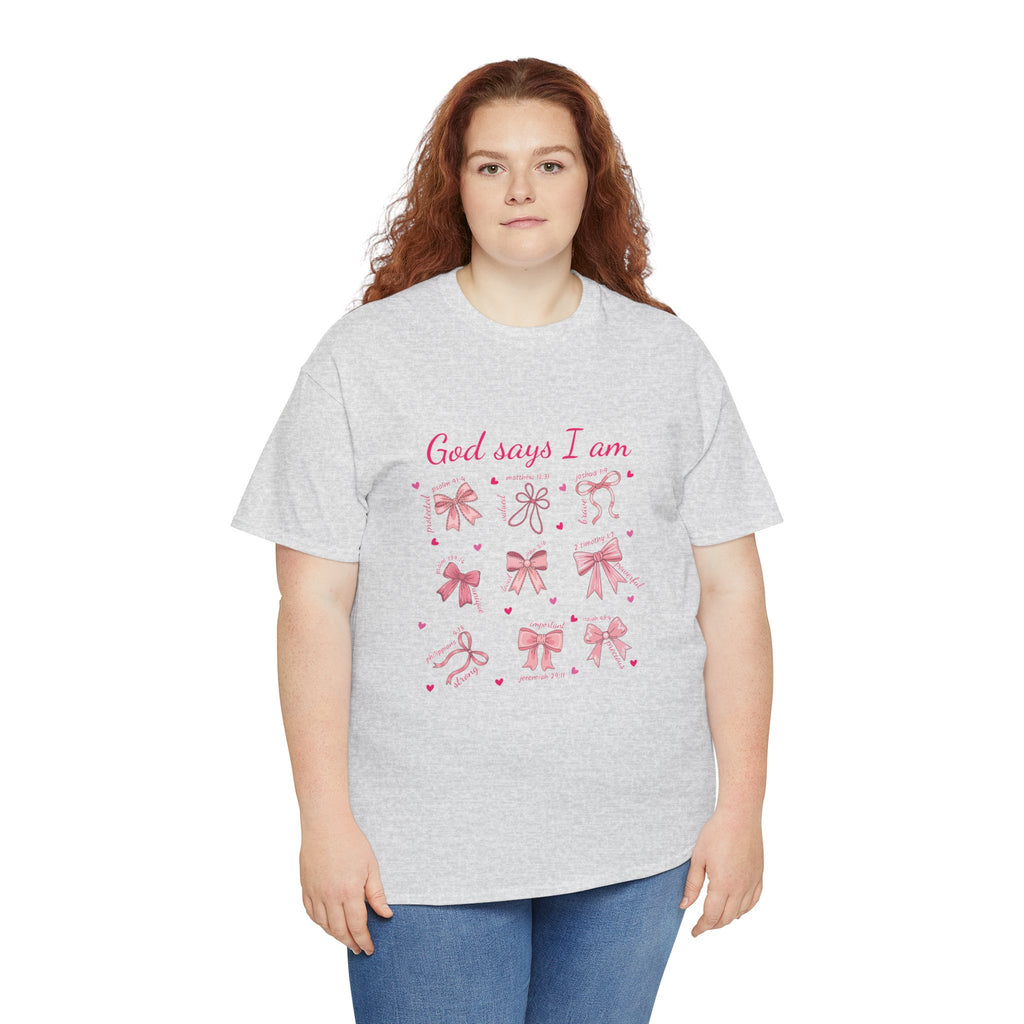 God Says I Am Pink Bow Tee — Faith-Based 'Loved, Brave, Strong' Unisex Cotton Shirt