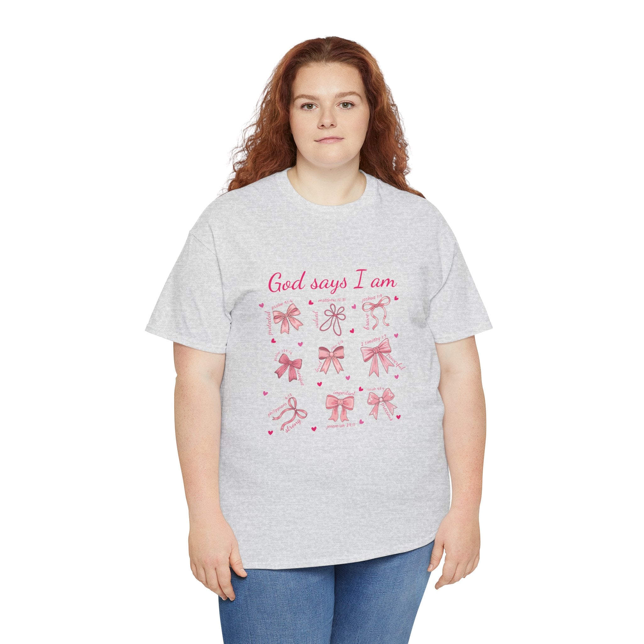 God Says I Am Pink Bow Tee — Faith-Based 'Loved, Brave, Strong' Unisex Cotton Shirt