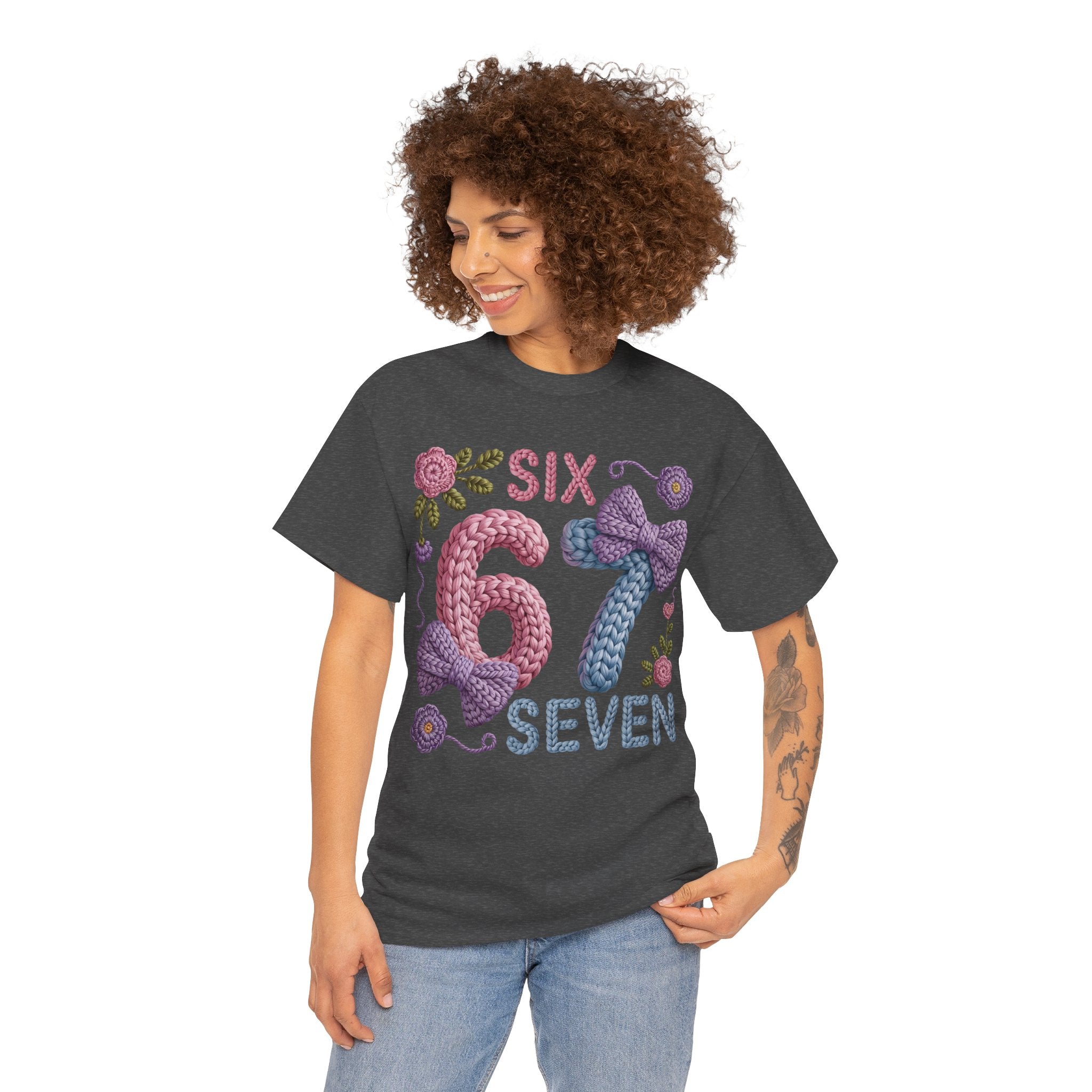 Pastel Crochet Numbers 6 & 7 Tee — Faux-Yarn Bows & Flowers. Unisex Cotton Tee