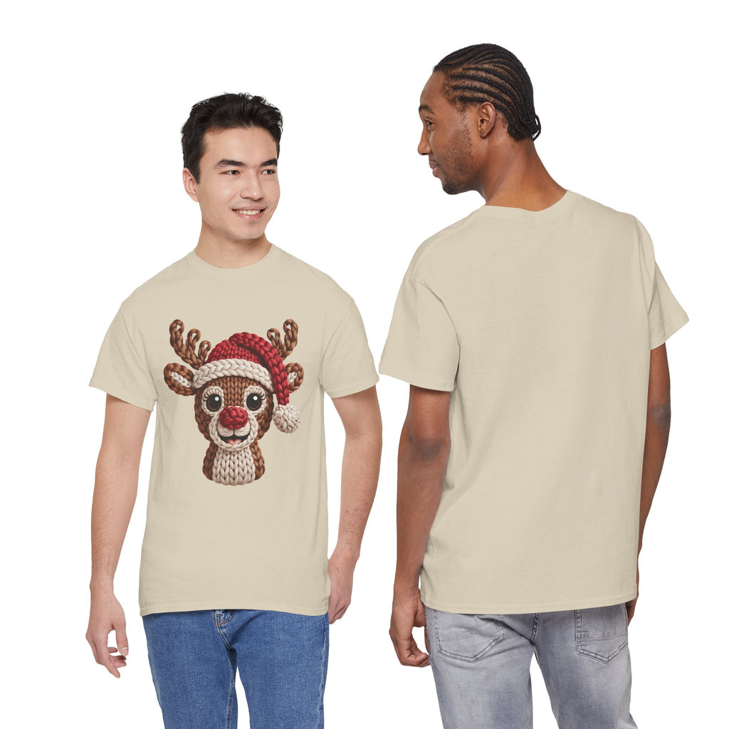 Reindeer in Santa Hat Cotton Tee — Joyful Faux-Yarn Holiday Unisex Coton T-Shirt