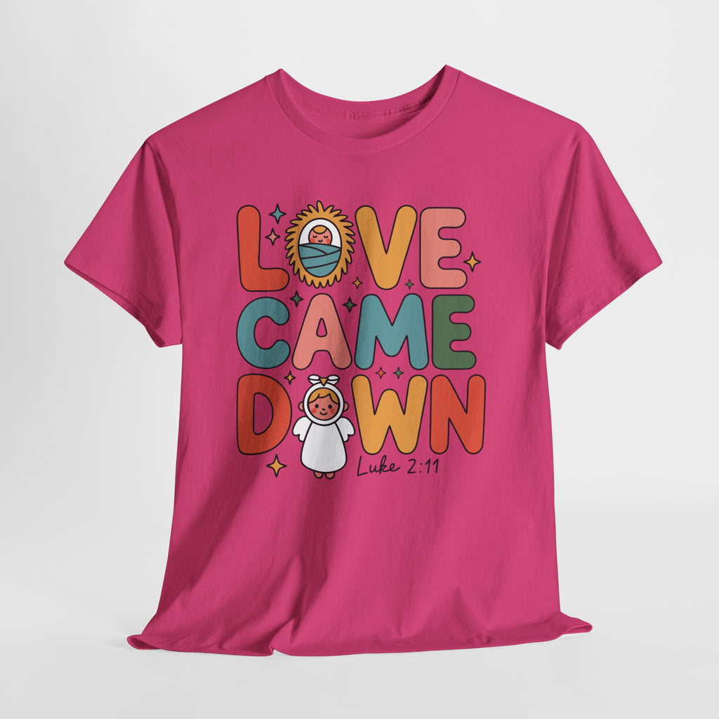 Love Came Down Christmas Tee — Baby Jesus Manger Angel (Luke 2:11)..Unisex Cotton Tee