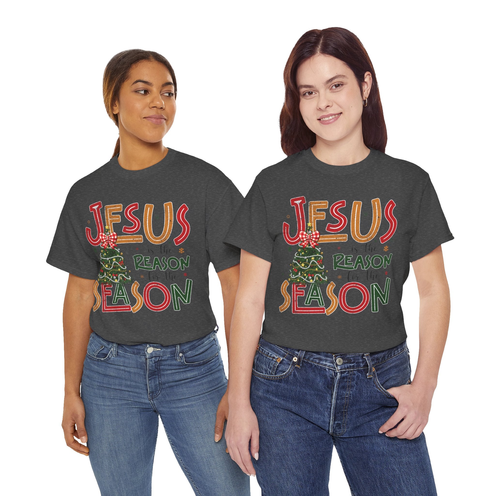 Jesus Is the Reason for the Season Christmas T-Shirt — Plaid Bow Tree..Unisex Cotton Tee