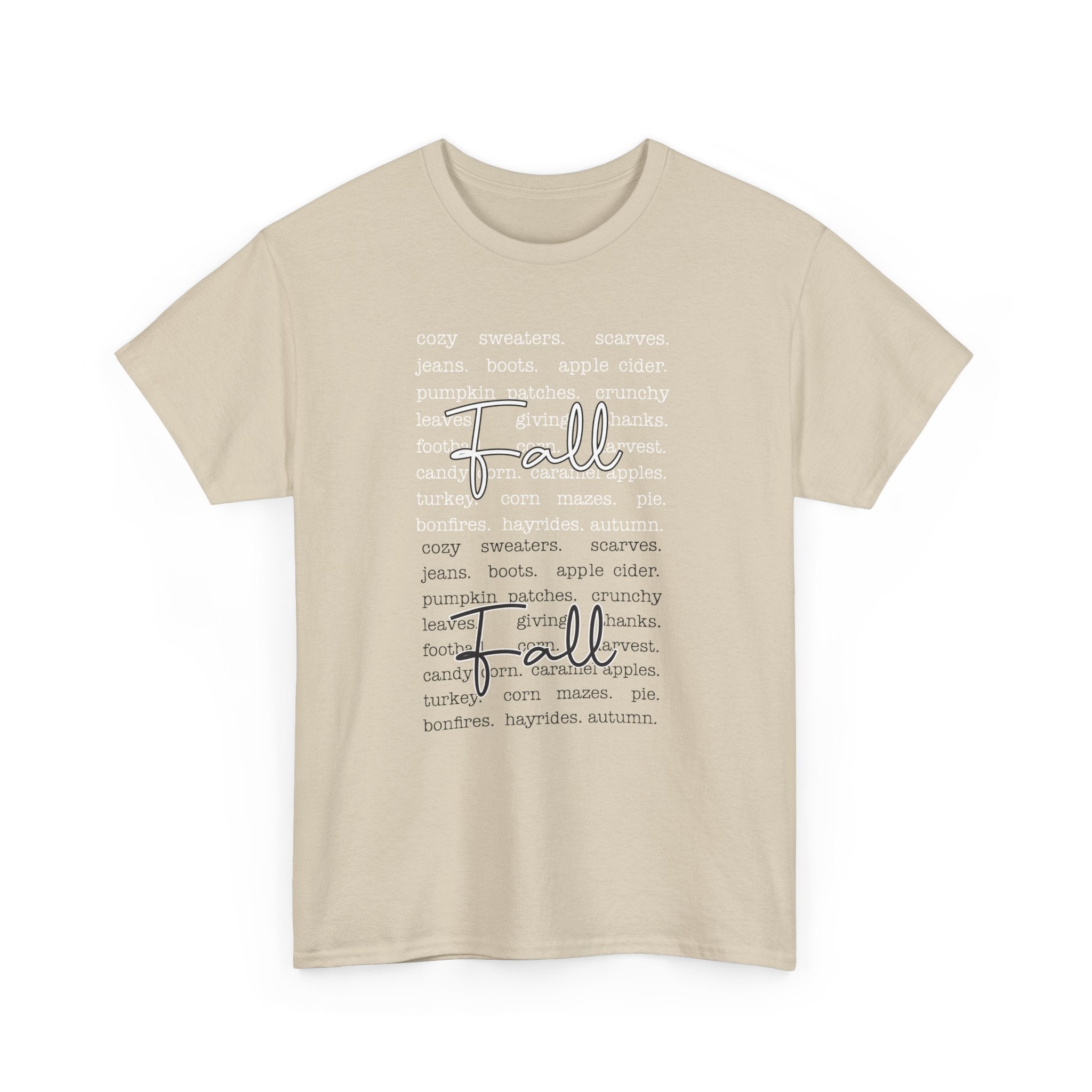 Fall Cursive Typography T-Shirt — Sweaters, Cider & Pumpkins. Unisex Cotton Tee
