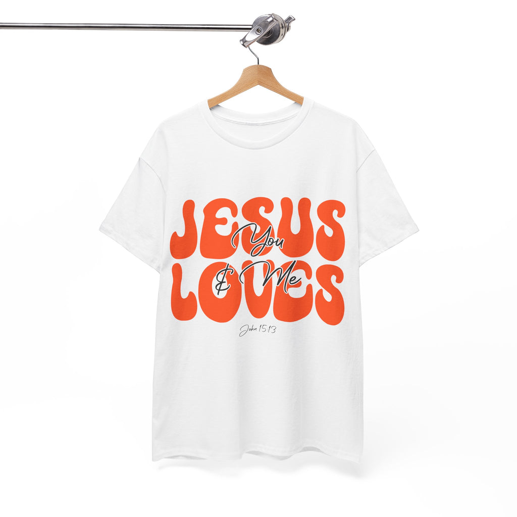 Jesus Loves You & Me Retro Tee — Playful Orange Bubbly Christian Unisex Cotton T-Shirt